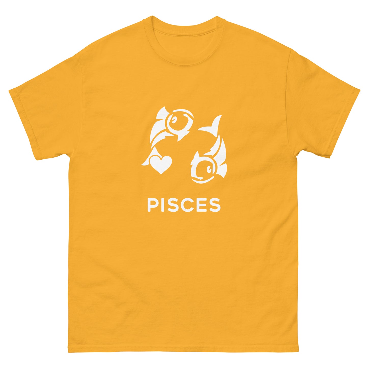 gold Pisces Zodiac Sign T-shirt from Yebber, featuring a minimalist fish symbol with a heart – statement clothing for astrology enthusiasts.