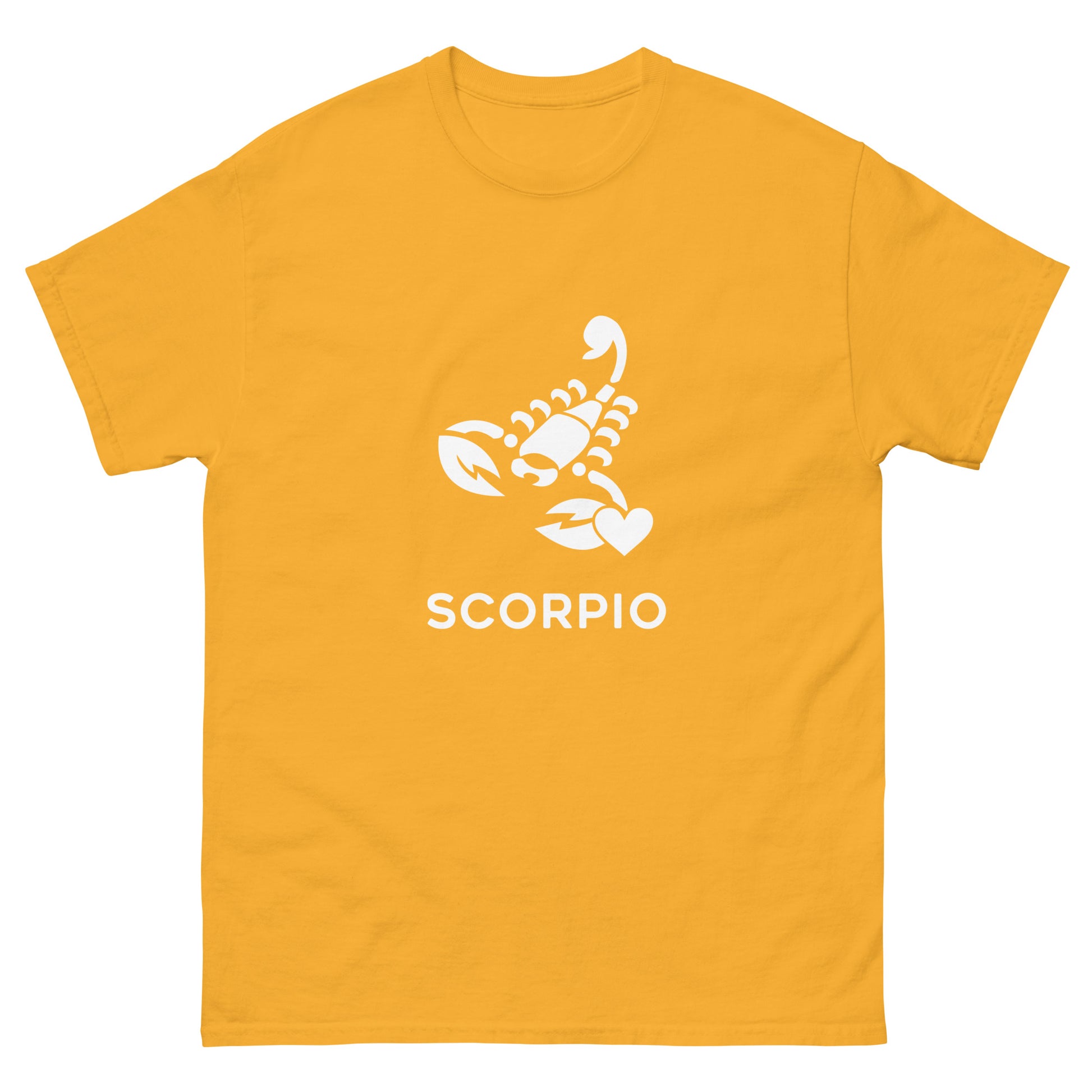 gold Scorpio Zodiac Sign T-shirt from Yebber, featuring a minimalist scorpion symbol with a heart – statement clothing for astrology enthusiasts.