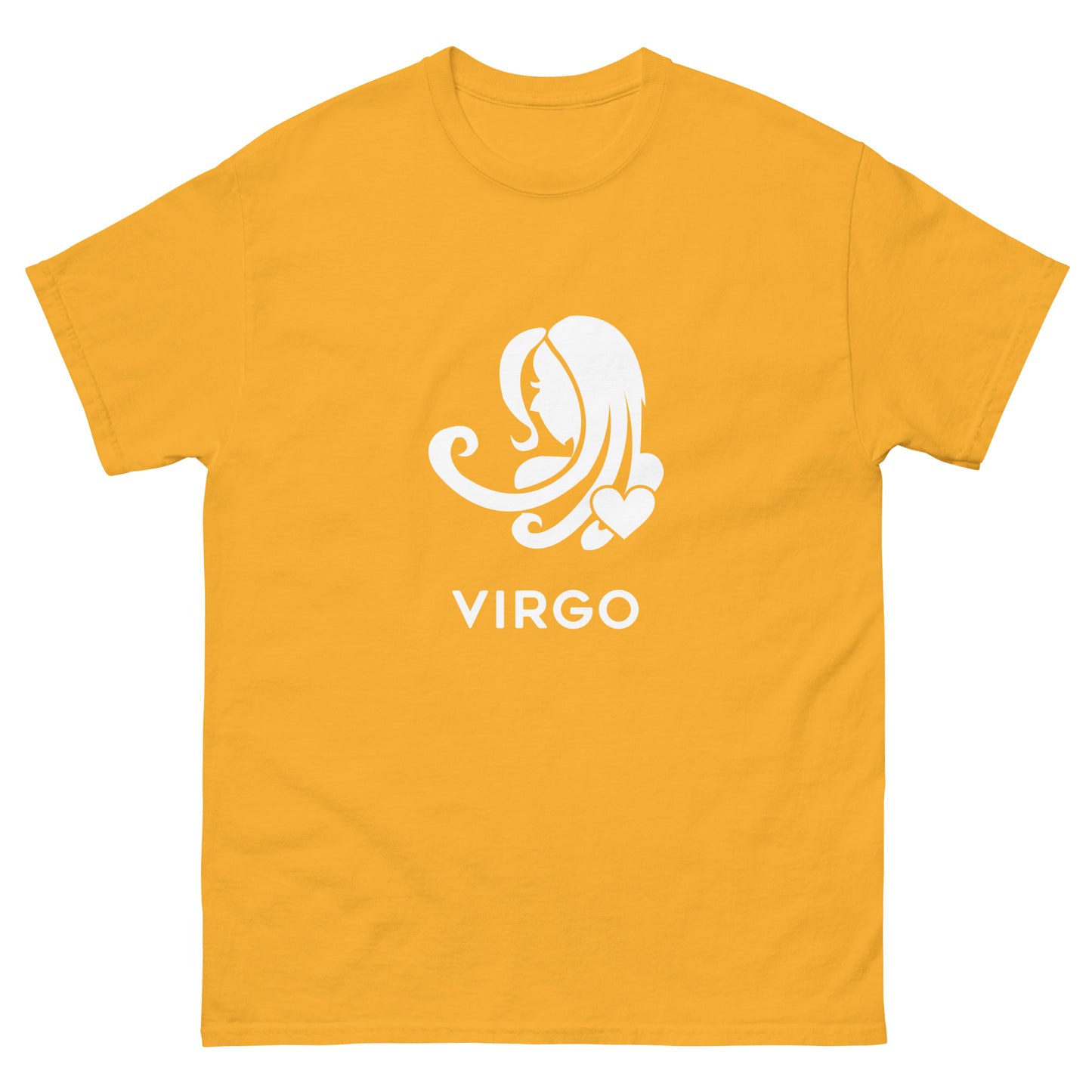 Gold Virgo Zodiac Sign T-shirt from Yebber, featuring a minimalist Virgo symbol with a heart – statement clothing for astrology enthusiasts.