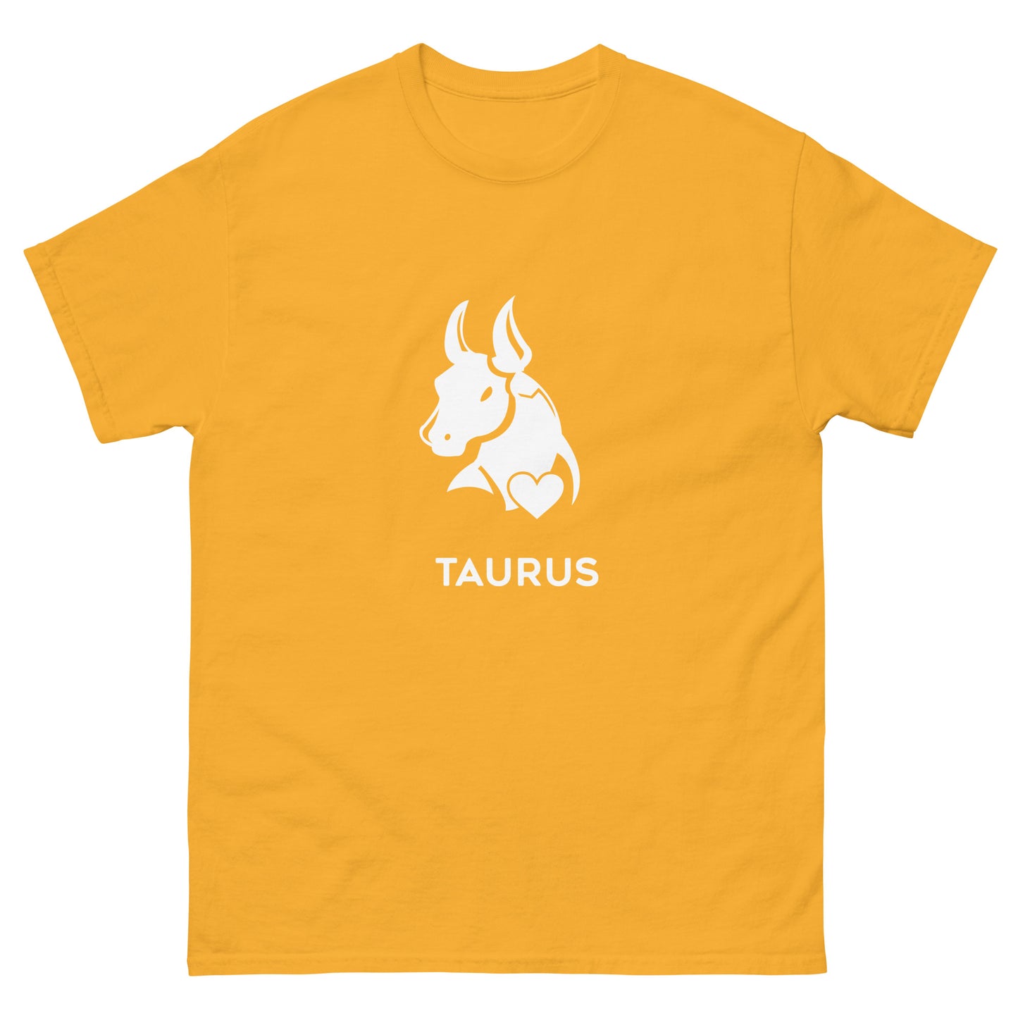 Gold Taurus Zodiac Sign T-shirt from Yebber, featuring a minimalist bull symbol in a heart – statement clothing for astrology enthusiasts.