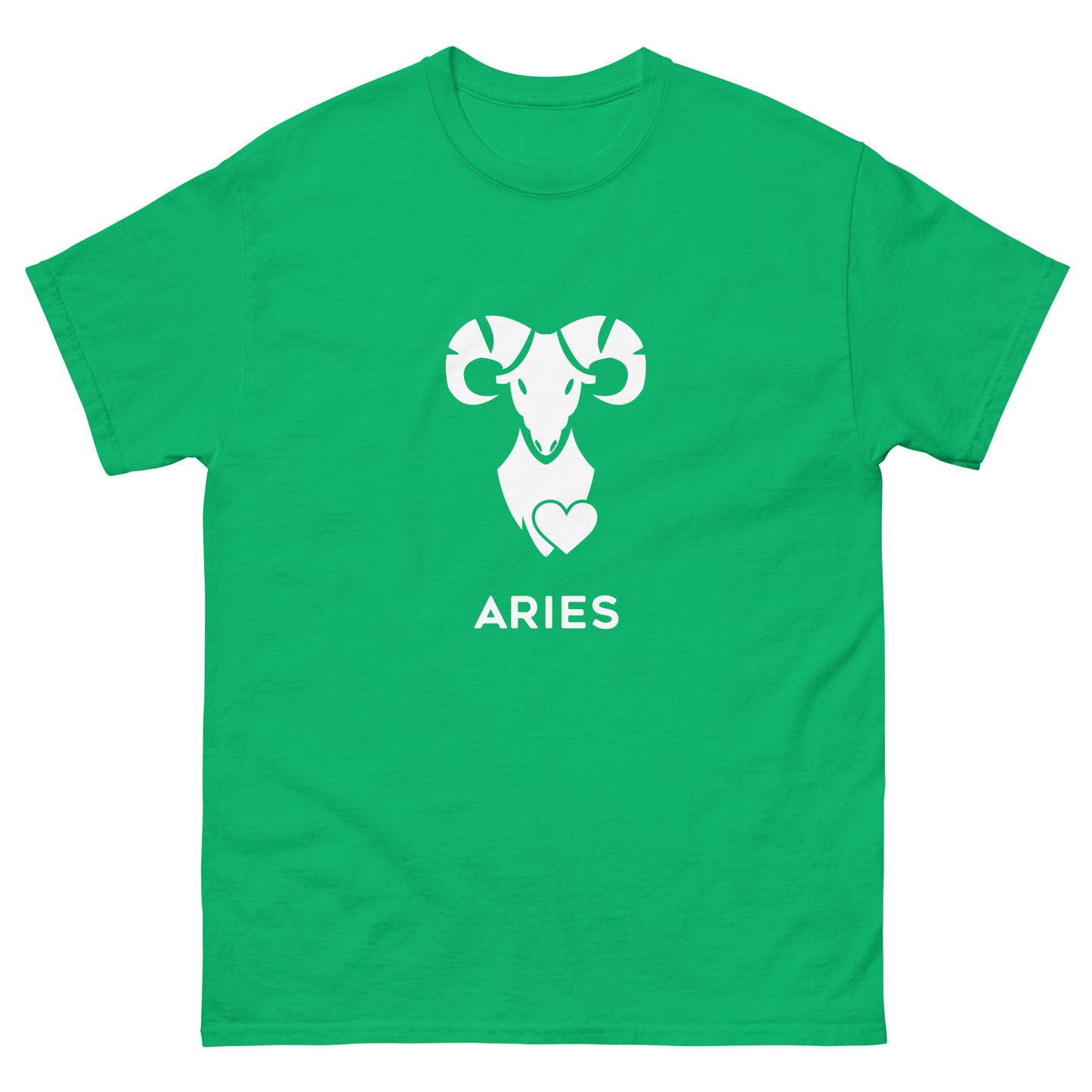 irish green Aries Zodiac Sign T-shirt from Yebber, featuring a minimalist ram symbol with a heart – statement clothing for astrology enthusiasts.