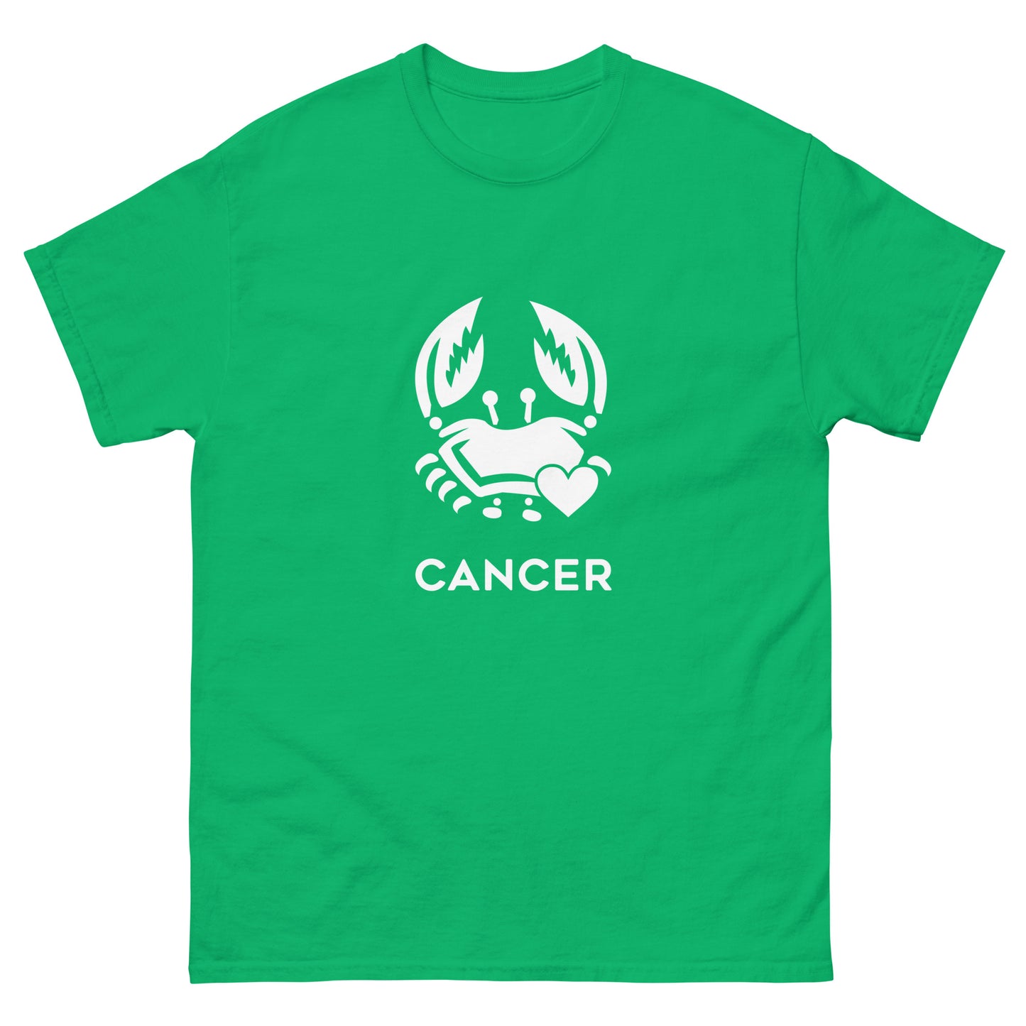 irsh green Cancer Zodiac Sign T-shirt from Yebber, featuring a minimalist crab symbol with a heart – statement clothing for astrology enthusiasts.