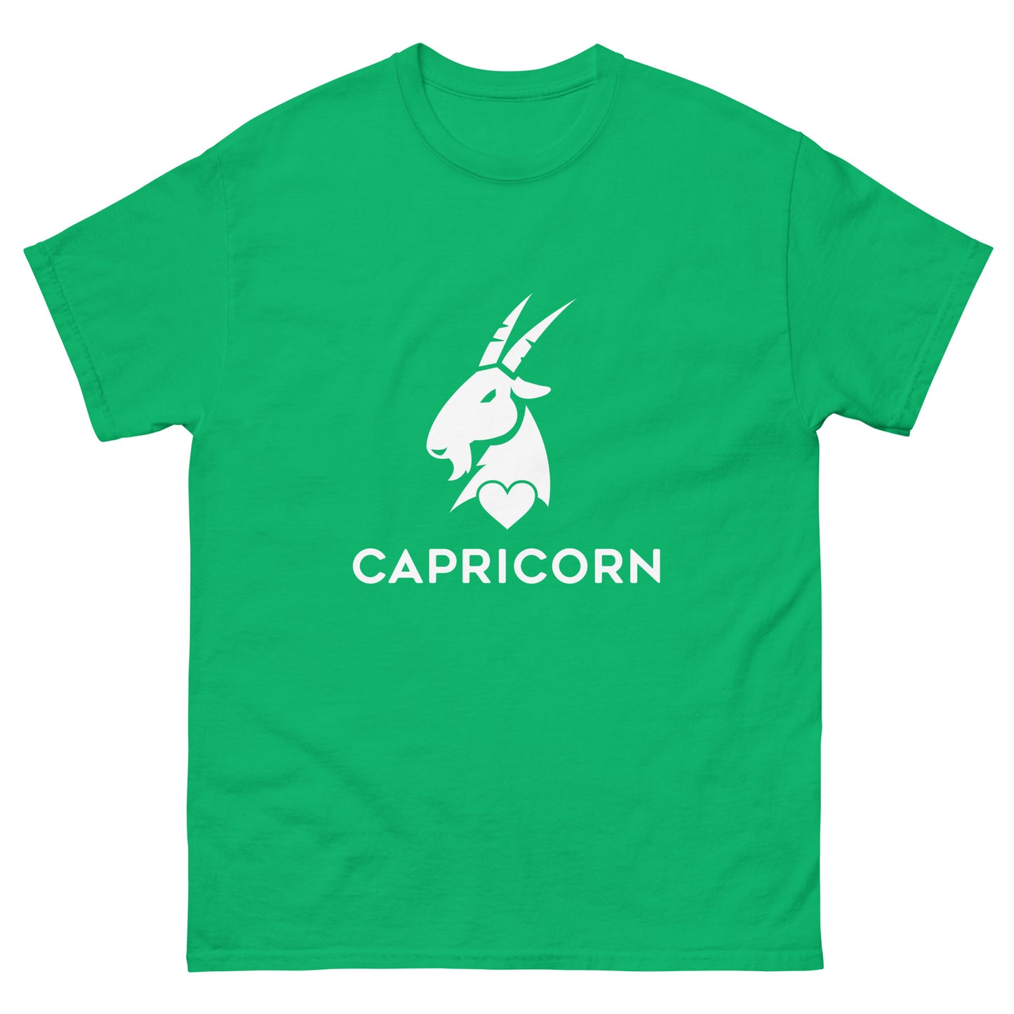 irish green Capricorn Zodiac Sign T-shirt from Yebber, featuring a minimalist goat symbol with a heart – statement clothing for astrology enthusiasts.