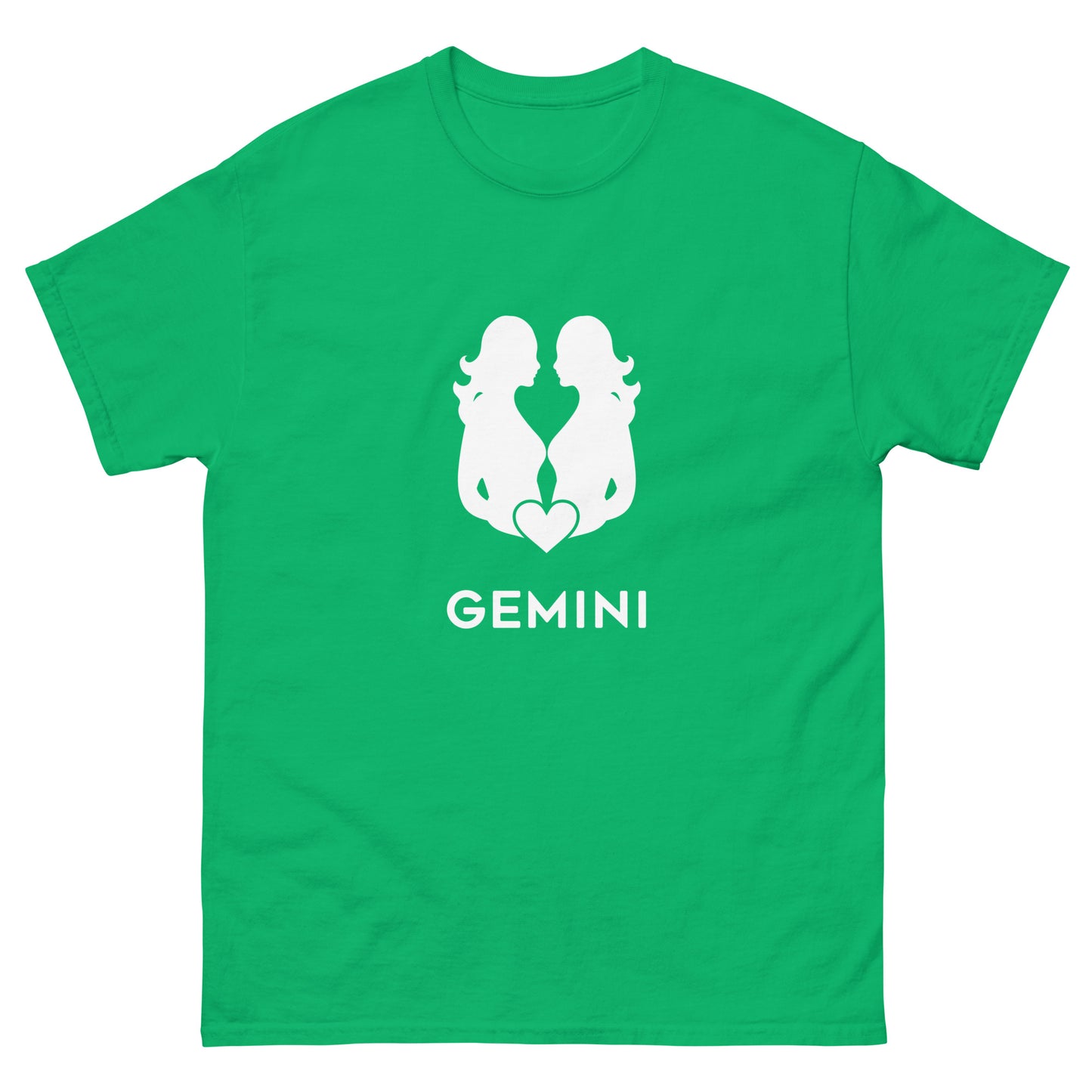 irsh green Gemini Zodiac Sign T-shirt from Yebber, featuring a minimalist twin symbol with a heart – statement clothing for astrology enthusiasts.