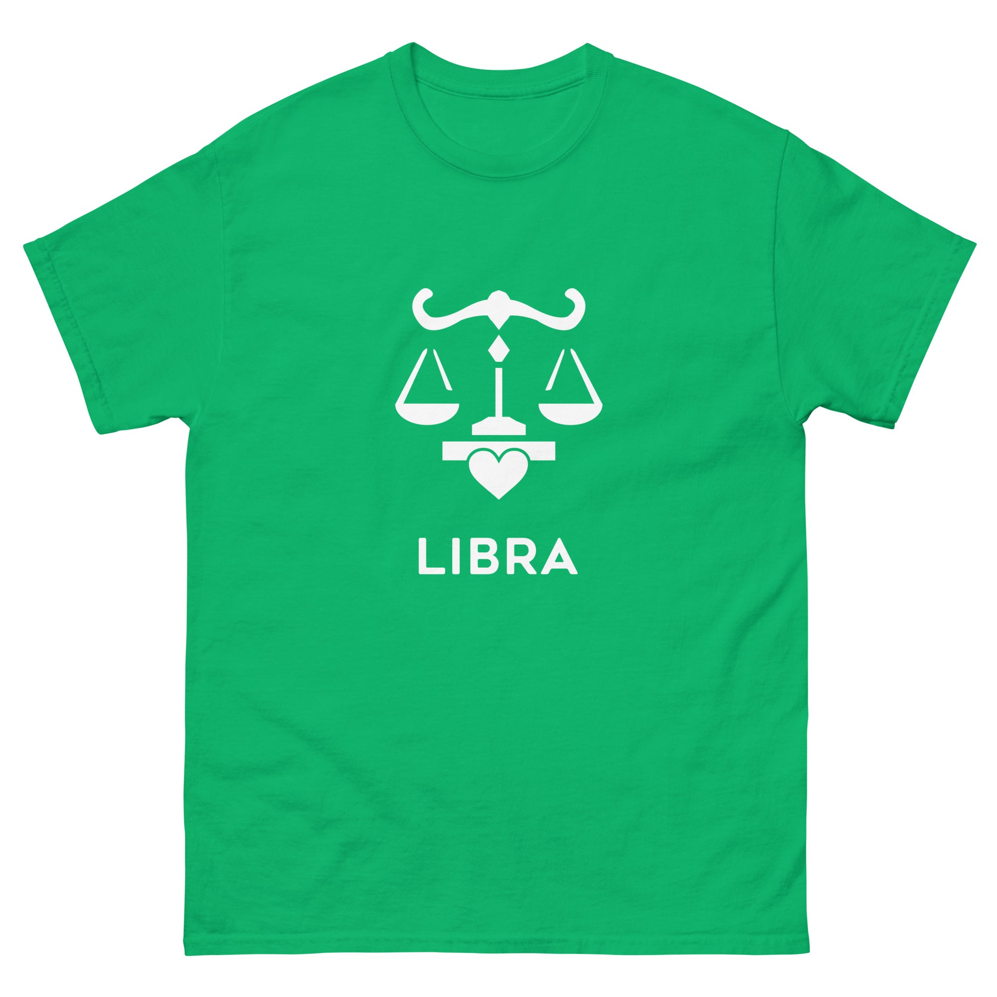 irish green Libra Zodiac Sign T-shirt from Yebber, featuring a minimalist scales symbol with a heart – statement clothing for astrology enthusiasts.