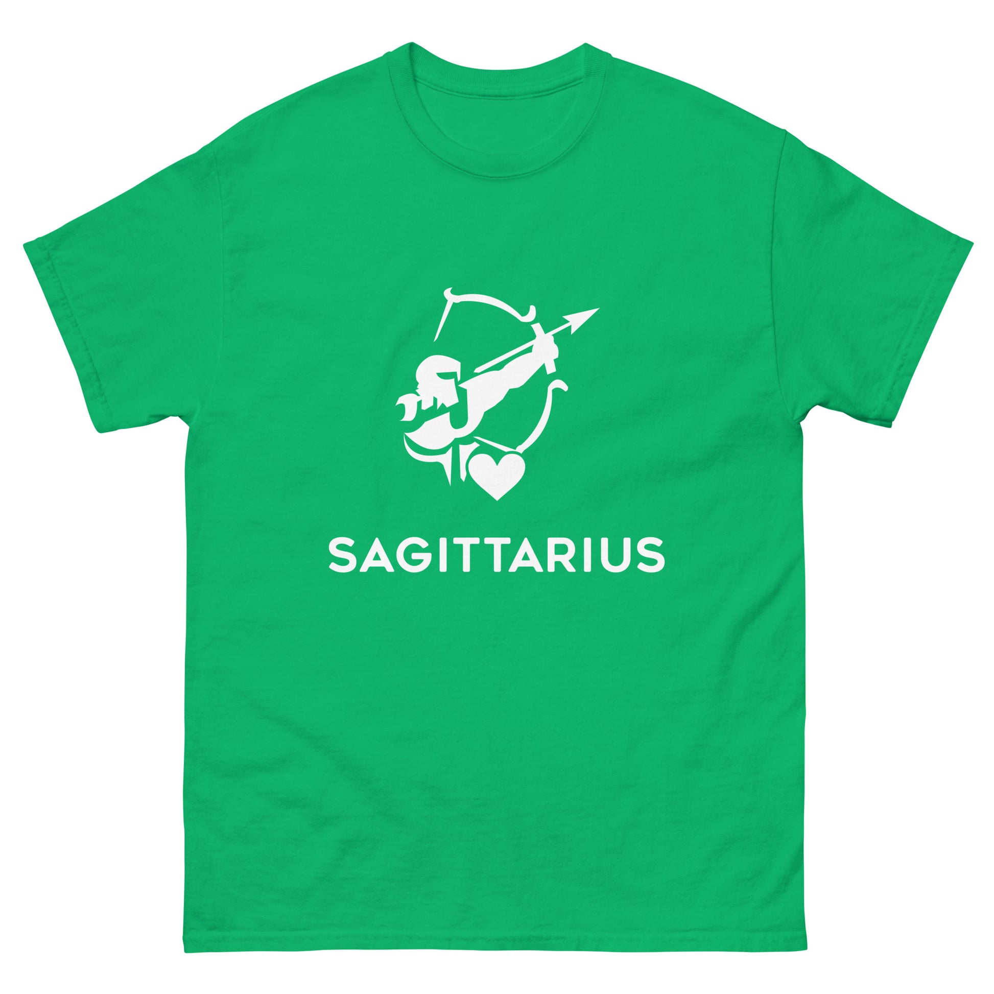 irish green Sagittarius Zodiac Sign T-shirt from Yebber, featuring a minimalist archer symbol with a heart – statement clothing for astrology enthusiasts.