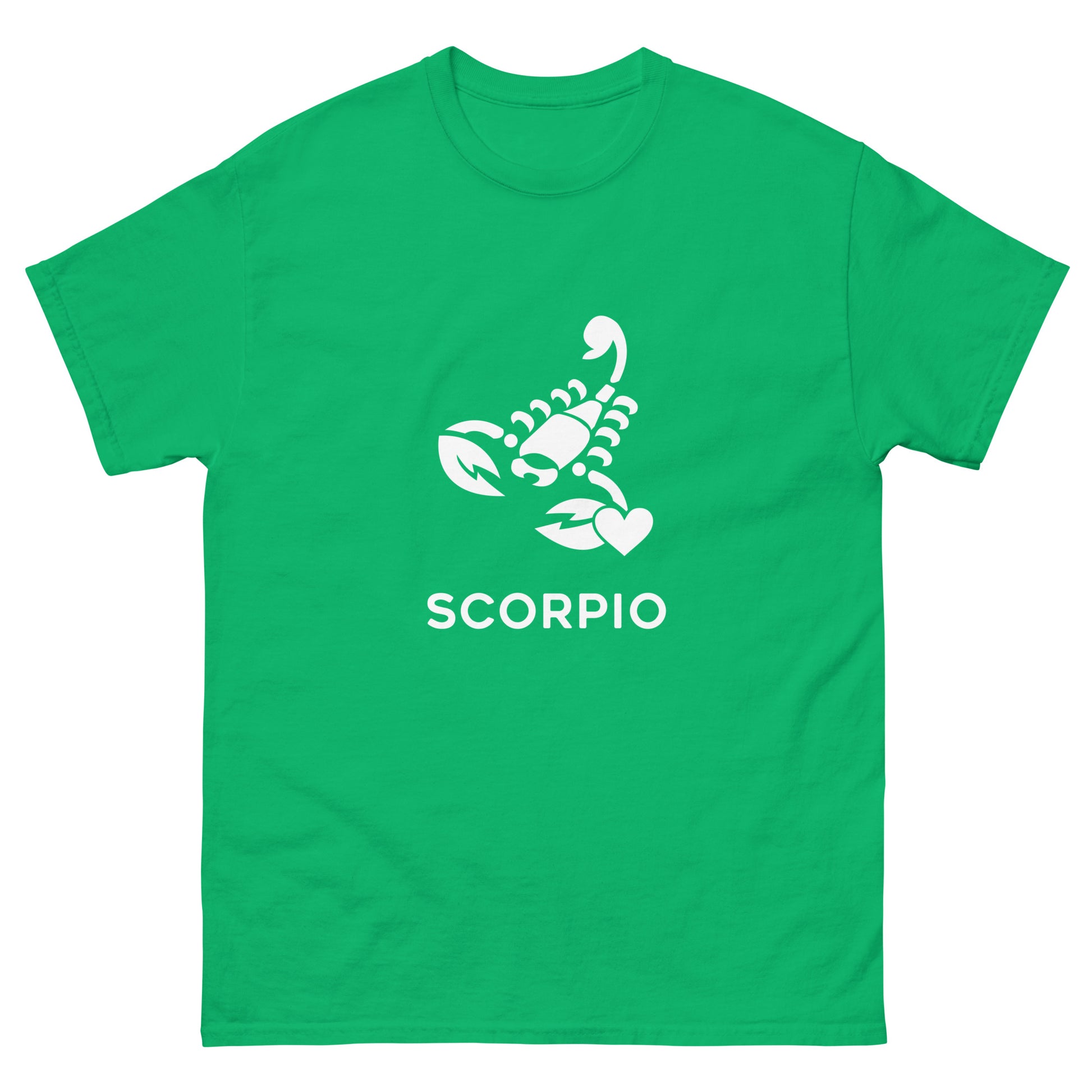 Irish Green Scorpio Zodiac Sign T-shirt from Yebber, featuring a minimalist scorpion symbol with a heart – statement clothing for astrology enthusiasts.