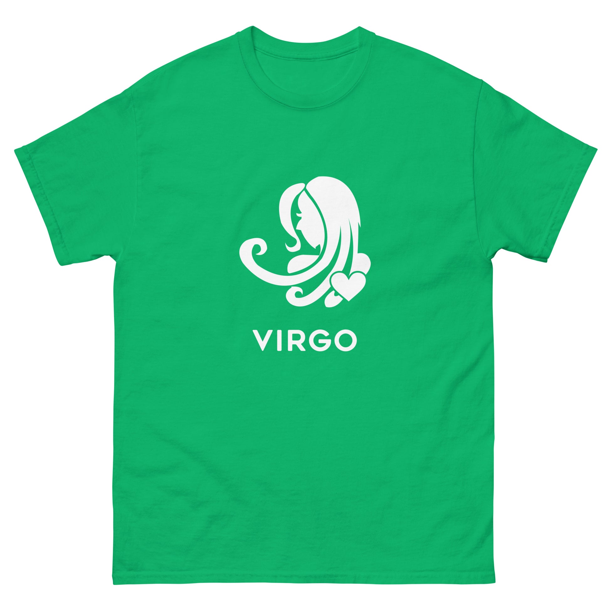 Irish Green Virgo Zodiac Sign T-shirt from Yebber, featuring a minimalist Virgo symbol with a heart – statement clothing for astrology enthusiasts.