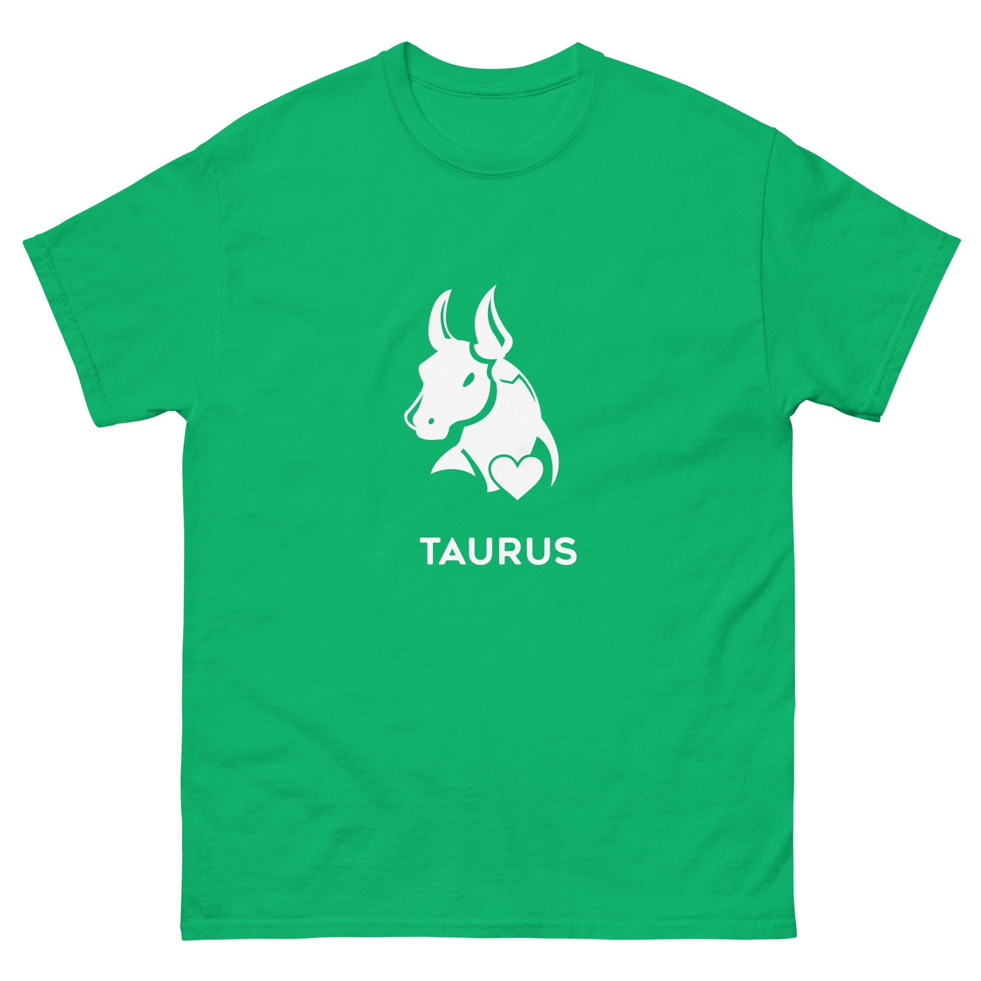 Irish Green Taurus Zodiac Sign T-shirt from Yebber, featuring a minimalist bull symbol in a heart – statement clothing for astrology enthusiasts.