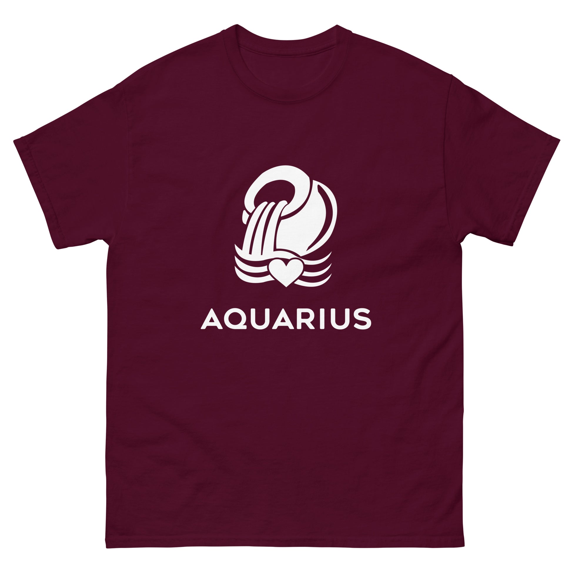 maroon Aquarius Zodiac Sign T-shirt from Yebber, featuring a minimalist Aquarius glyph with a heart – perfect statement clothing for astrology lovers.