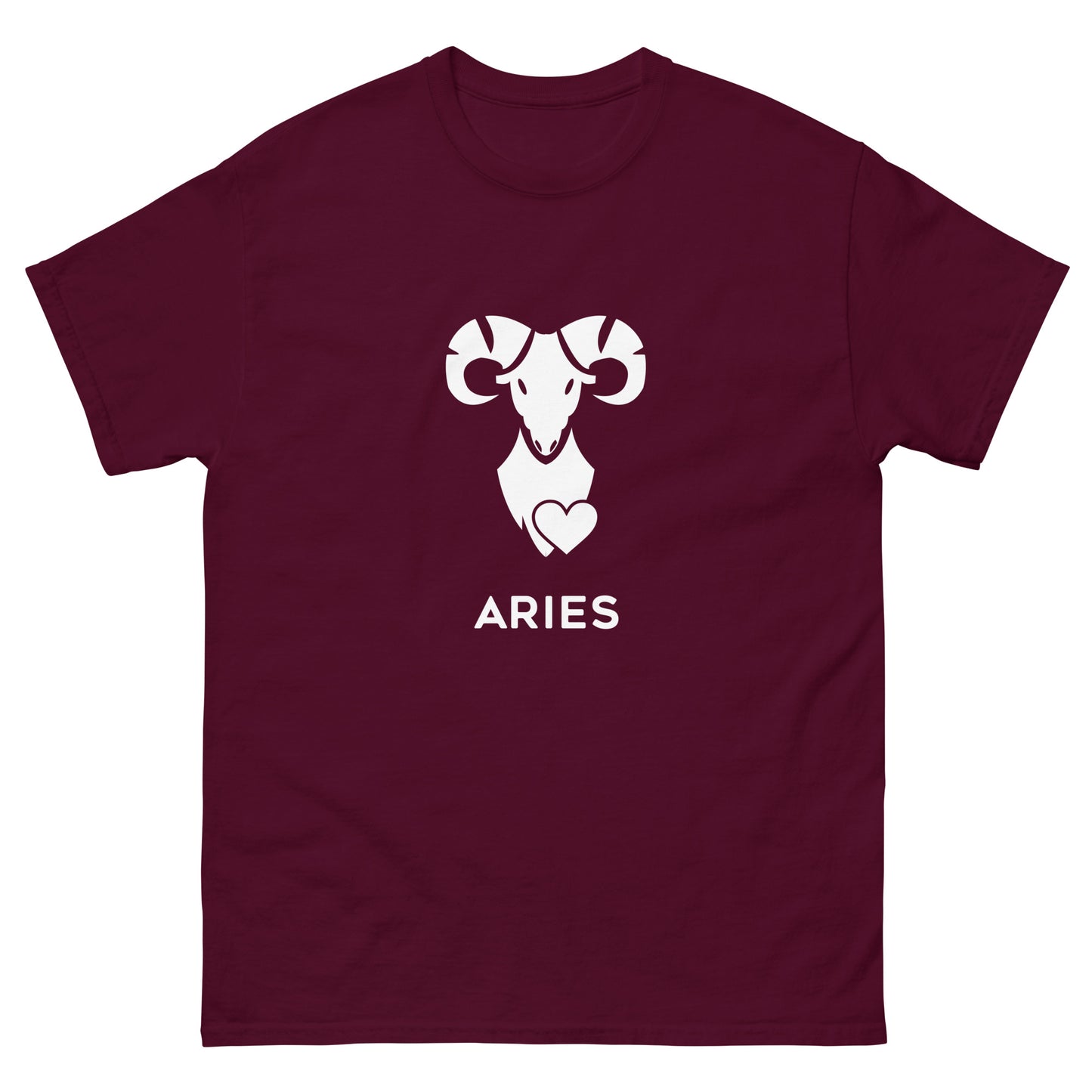 maroon Aries Zodiac Sign T-shirt from Yebber, featuring a minimalist ram symbol with a heart – statement clothing for astrology enthusiasts.