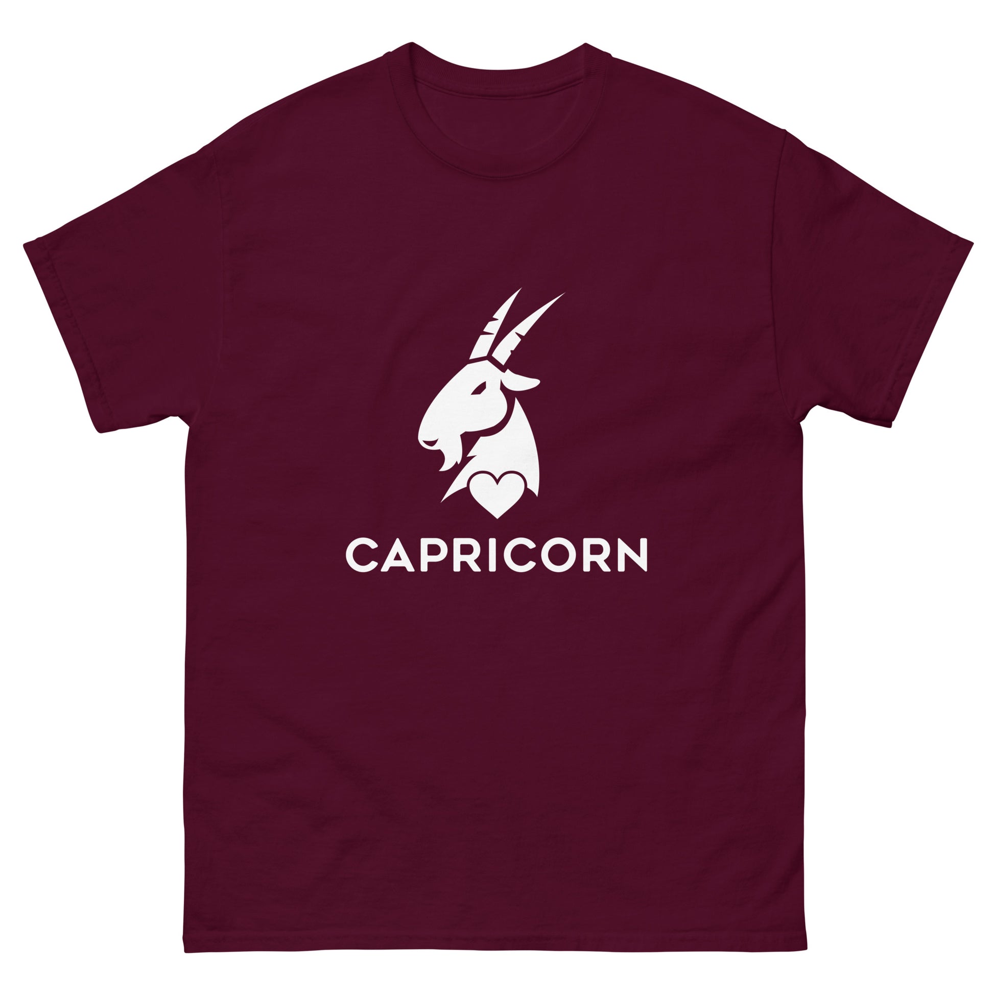 maroon Capricorn Zodiac Sign T-shirt from Yebber, featuring a minimalist goat symbol with a heart – statement clothing for astrology enthusiasts.