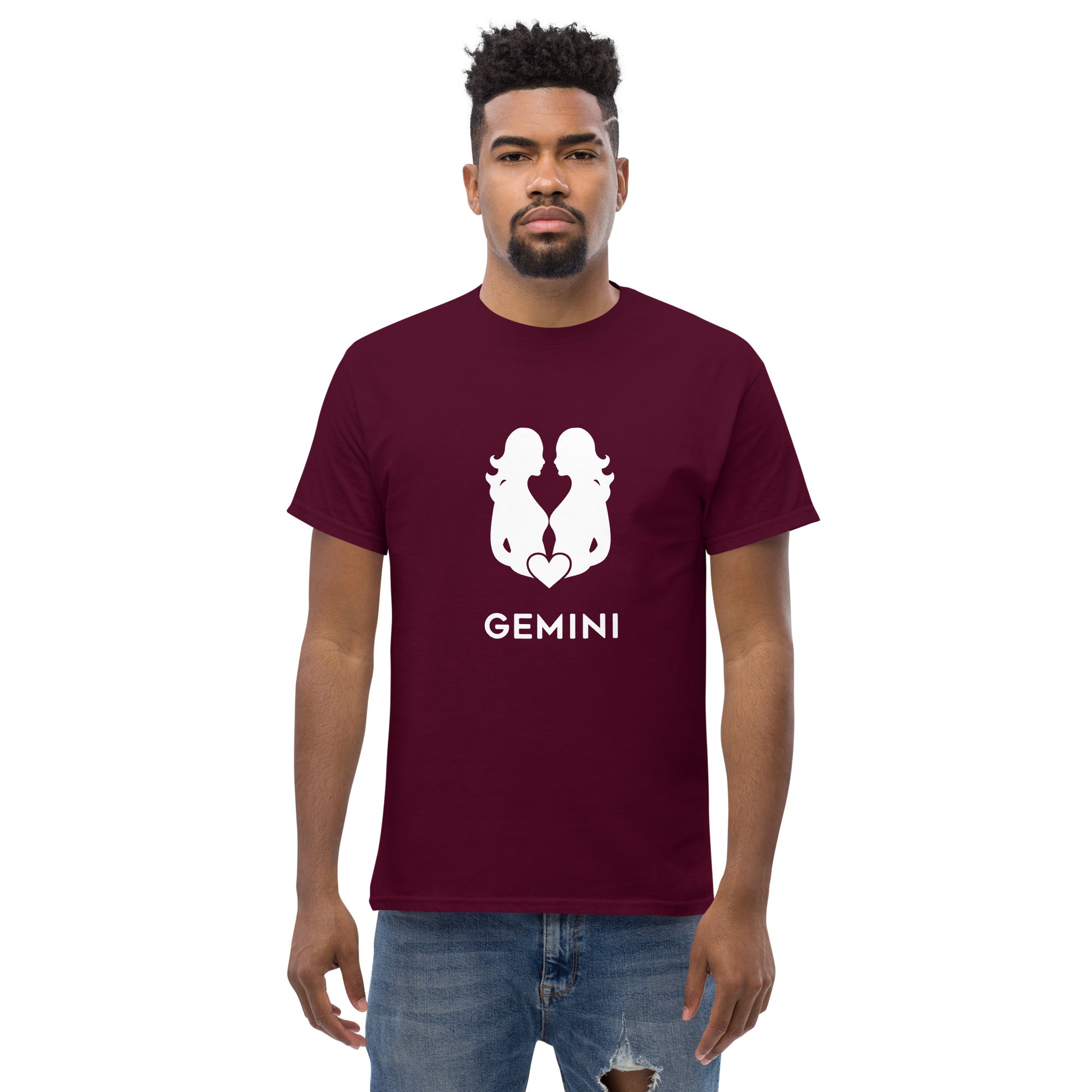 Man wearing a maroon Gemini Zodiac Sign T-shirt from Yebber, featuring a minimalist twin symbol with a heart – statement clothing for astrology enthusiasts.