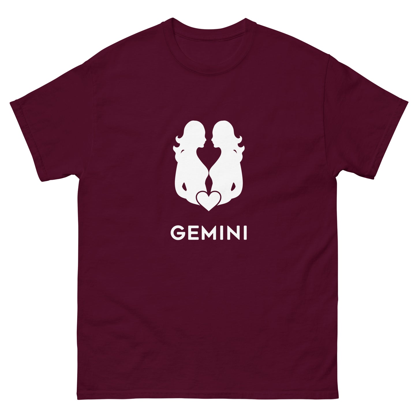 maroon Gemini Zodiac Sign T-shirt from Yebber, featuring a minimalist twin symbol with a heart – statement clothing for astrology enthusiasts.