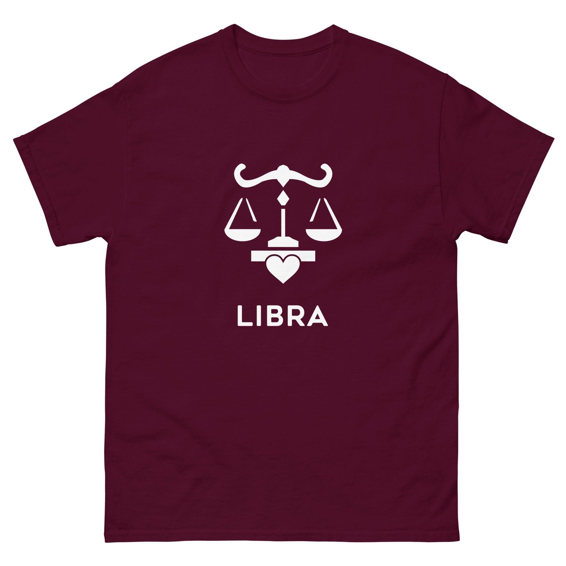 maroon Libra Zodiac Sign T-shirt from Yebber, featuring a minimalist scales symbol with a heart – statement clothing for astrology enthusiasts.