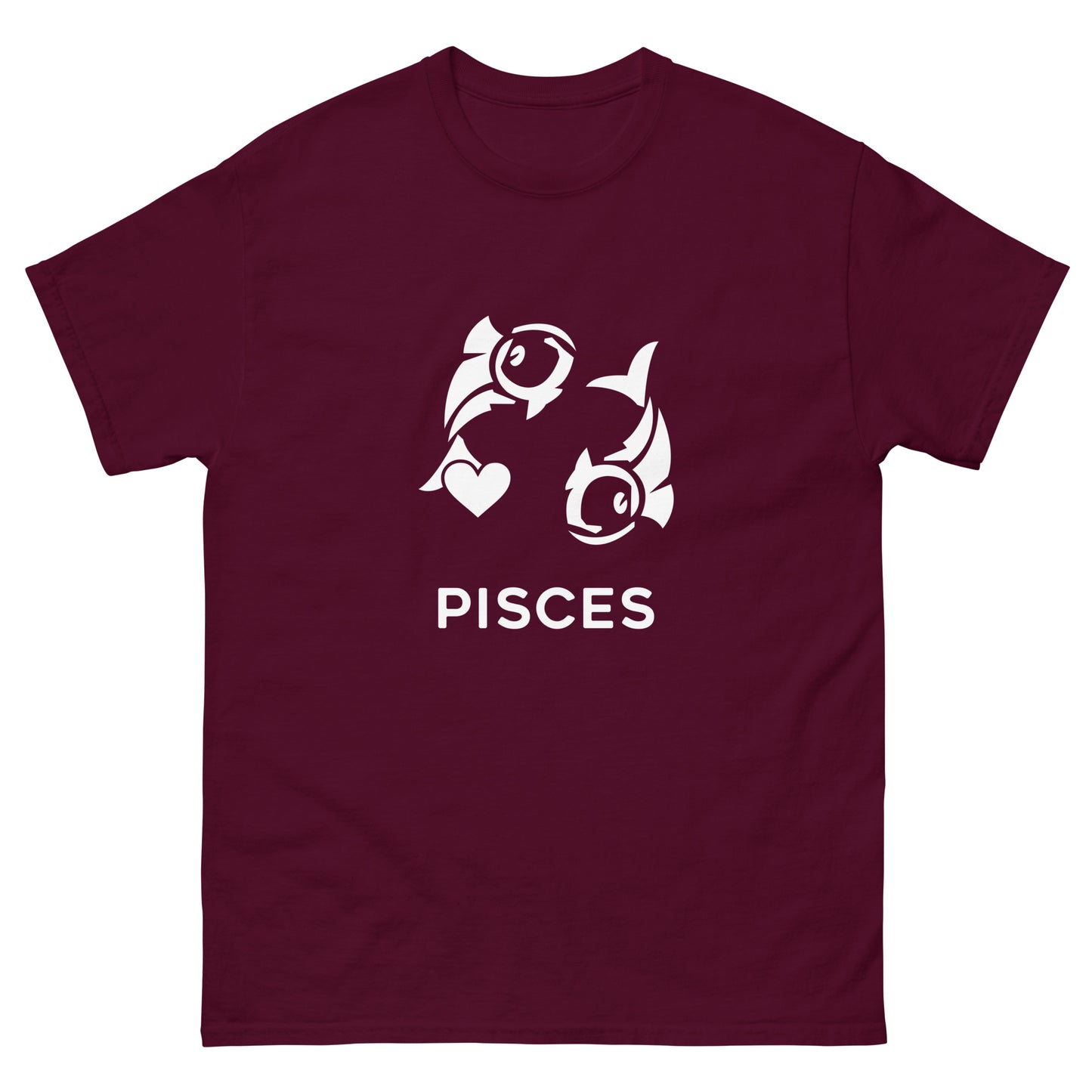 maroon Pisces Zodiac Sign T-shirt from Yebber, featuring a minimalist fish symbol with a heart – statement clothing for astrology enthusiasts.