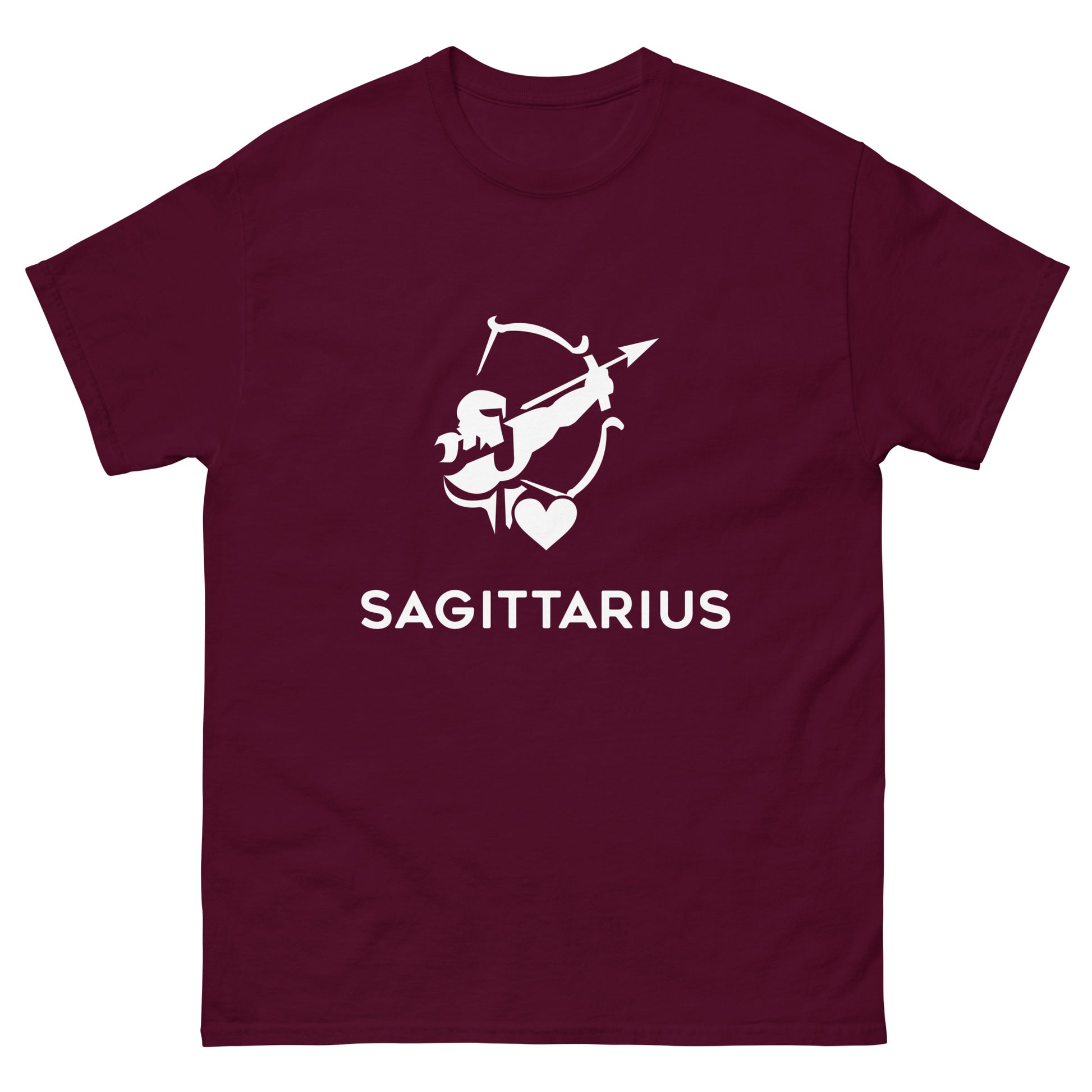 maroon Sagittarius Zodiac Sign T-shirt from Yebber, featuring a minimalist archer symbol with a heart – statement clothing for astrology enthusiasts.