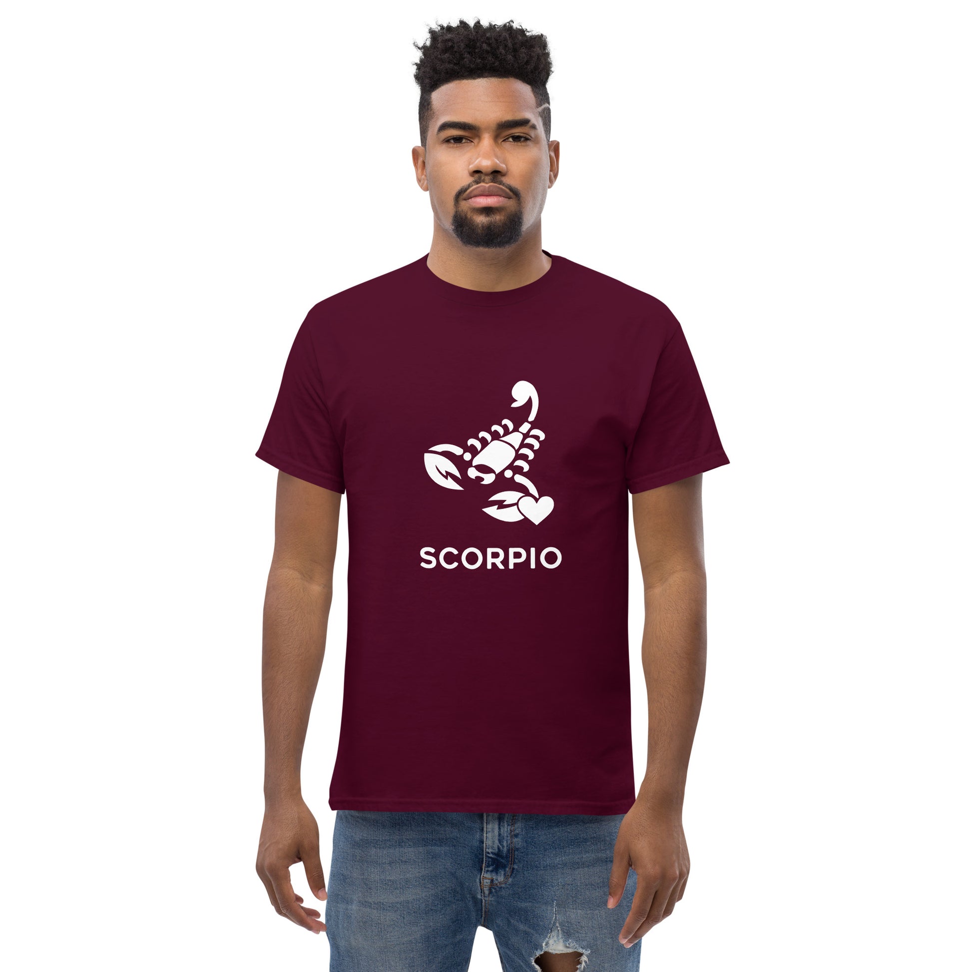 Man wearing a maroon Scorpio Zodiac Sign T-shirt from Yebber, featuring a minimalist scorpion symbol with a heart – statement clothing for astrology enthusiasts.