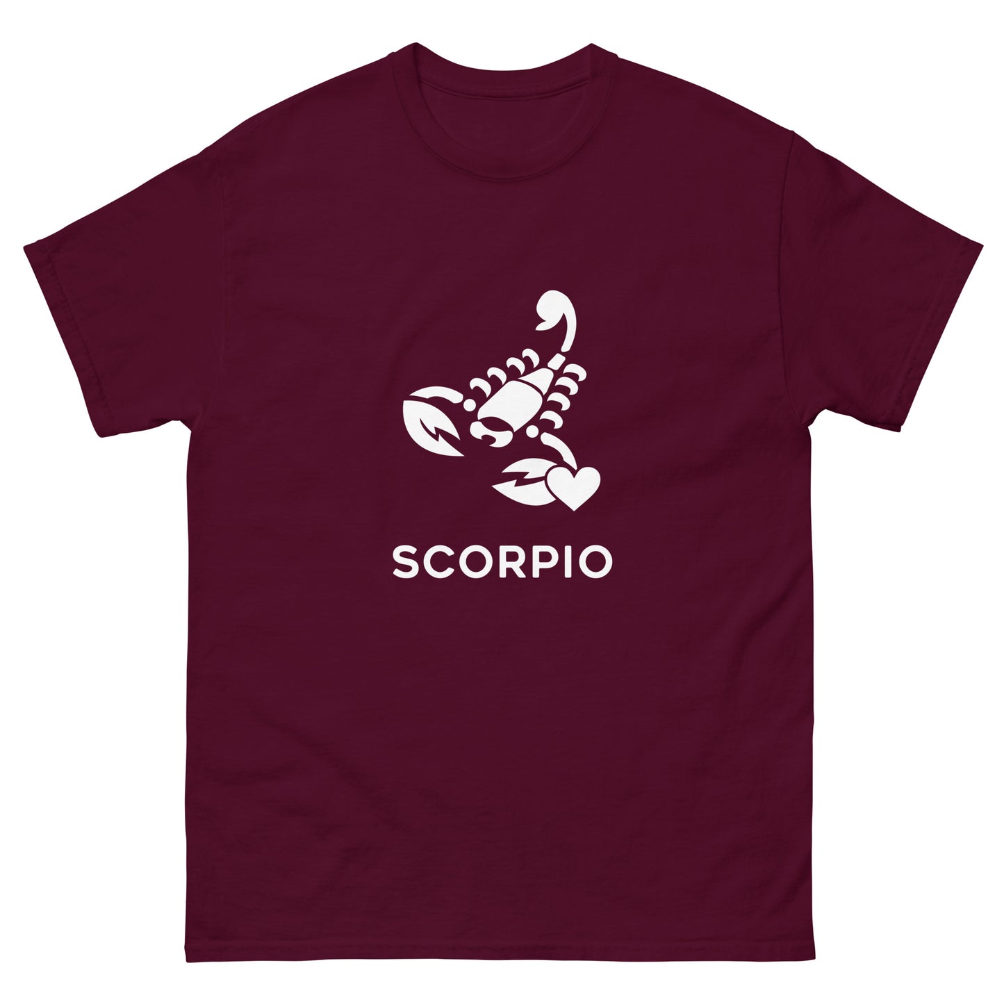 Maroon Scorpio Zodiac Sign T-shirt from Yebber, featuring a minimalist scorpion symbol with a heart – statement clothing for astrology enthusiasts.