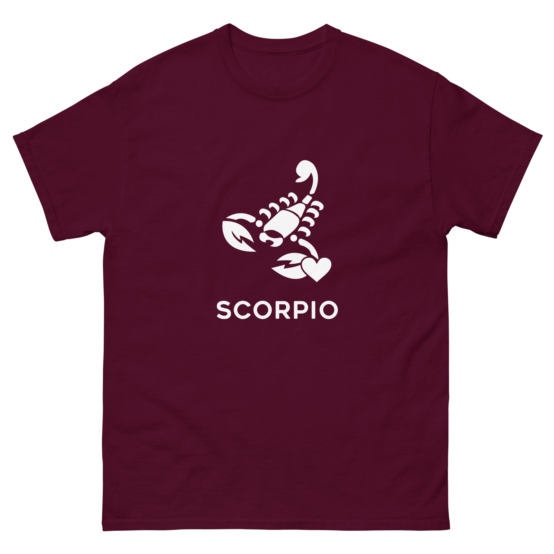 Maroon Scorpio Zodiac Sign T-shirt from Yebber, featuring a minimalist scorpion symbol with a heart – statement clothing for astrology enthusiasts.