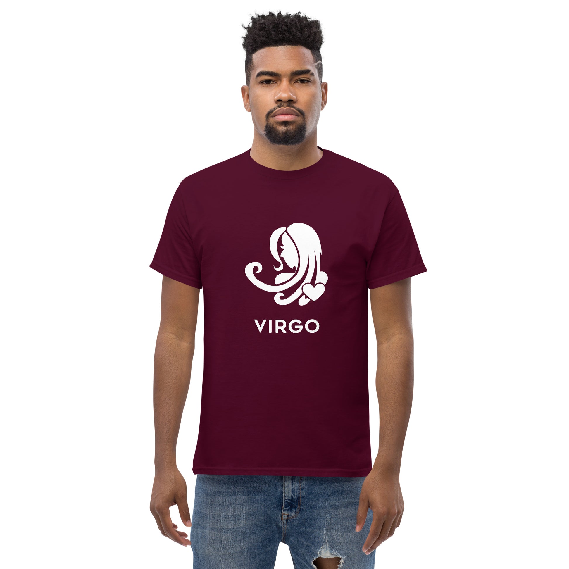 Man wearing a maroon Virgo Zodiac Sign T-shirt from Yebber, featuring a minimalist Virgo symbol with a heart – statement clothing for astrology enthusiasts.