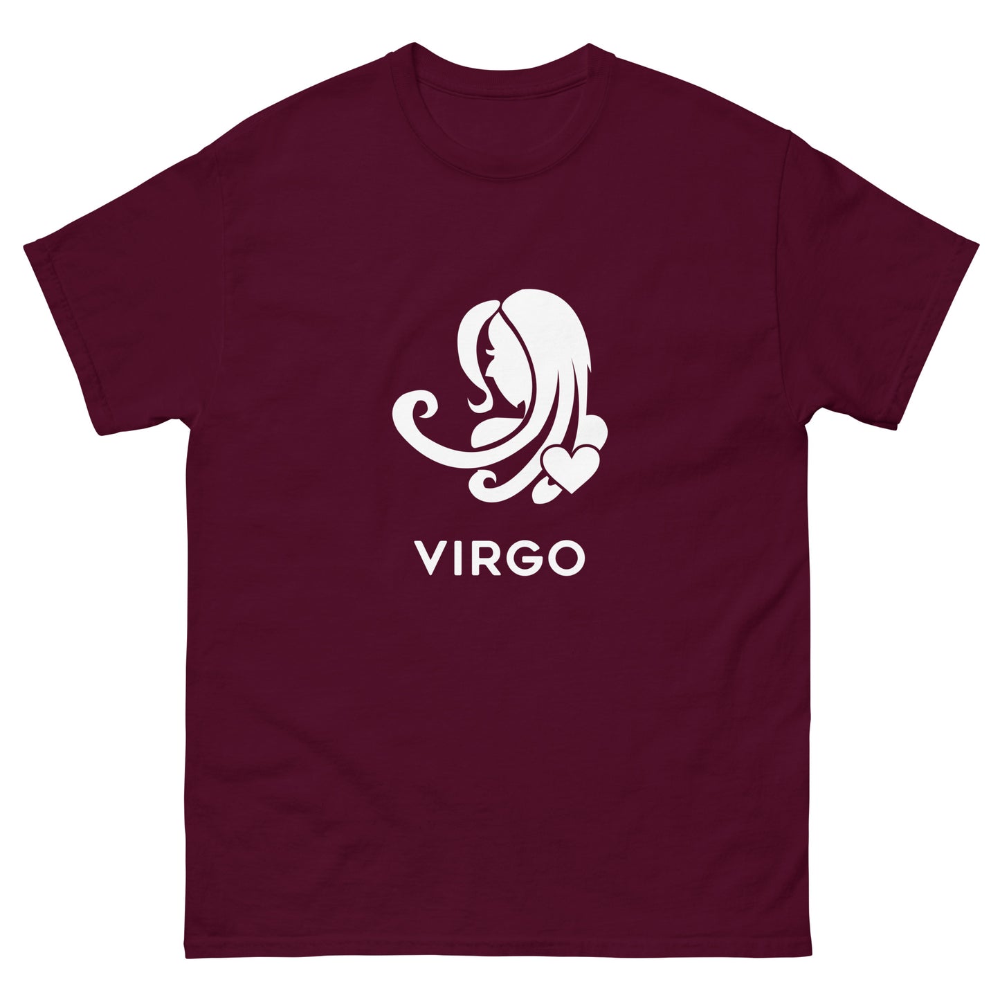 Maroon Virgo Zodiac Sign T-shirt from Yebber, featuring a minimalist Virgo symbol with a heart – statement clothing for astrology enthusiasts.