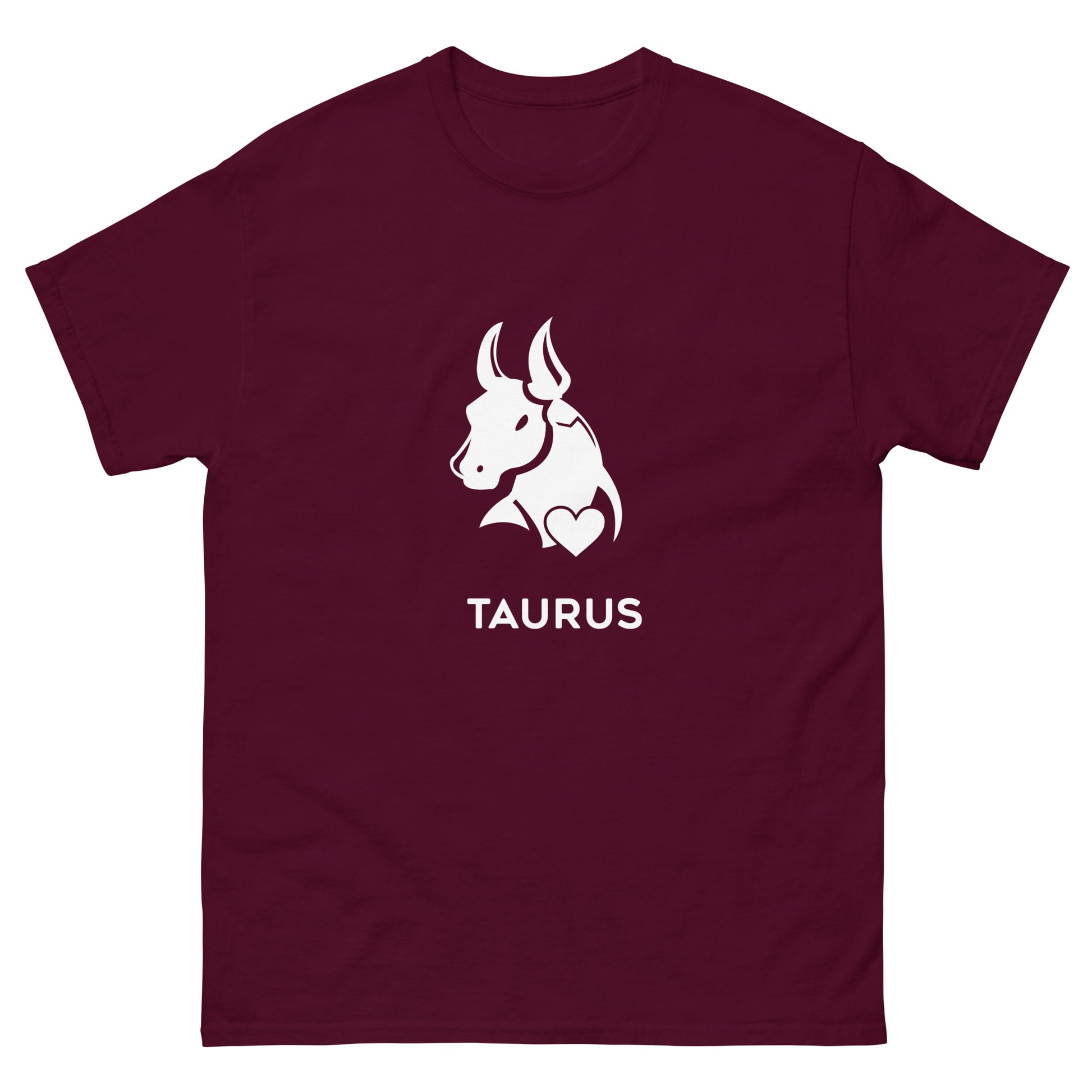 Maroon Taurus Zodiac Sign T-shirt from Yebber, featuring a minimalist bull symbol in a heart – statement clothing for astrology enthusiasts.