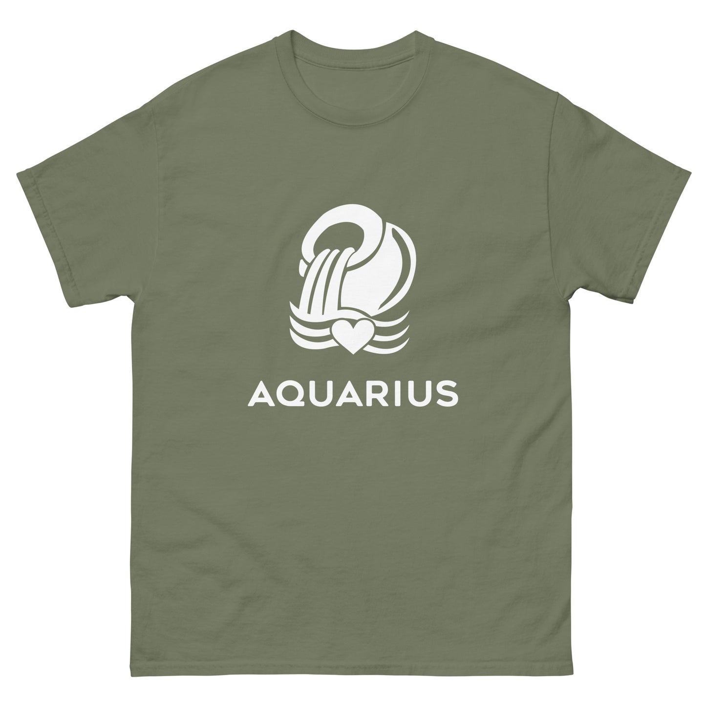 military green Aquarius Zodiac Sign T-shirt from Yebber, featuring a minimalist Aquarius glyph with a heart – perfect statement clothing for astrology lovers.