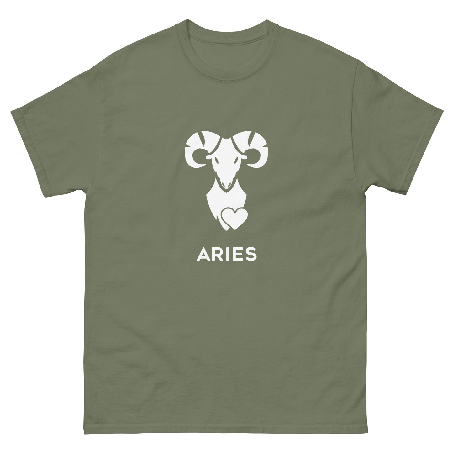 military green Aries Zodiac Sign T-shirt from Yebber, featuring a minimalist ram symbol with a heart – statement clothing for astrology enthusiasts.