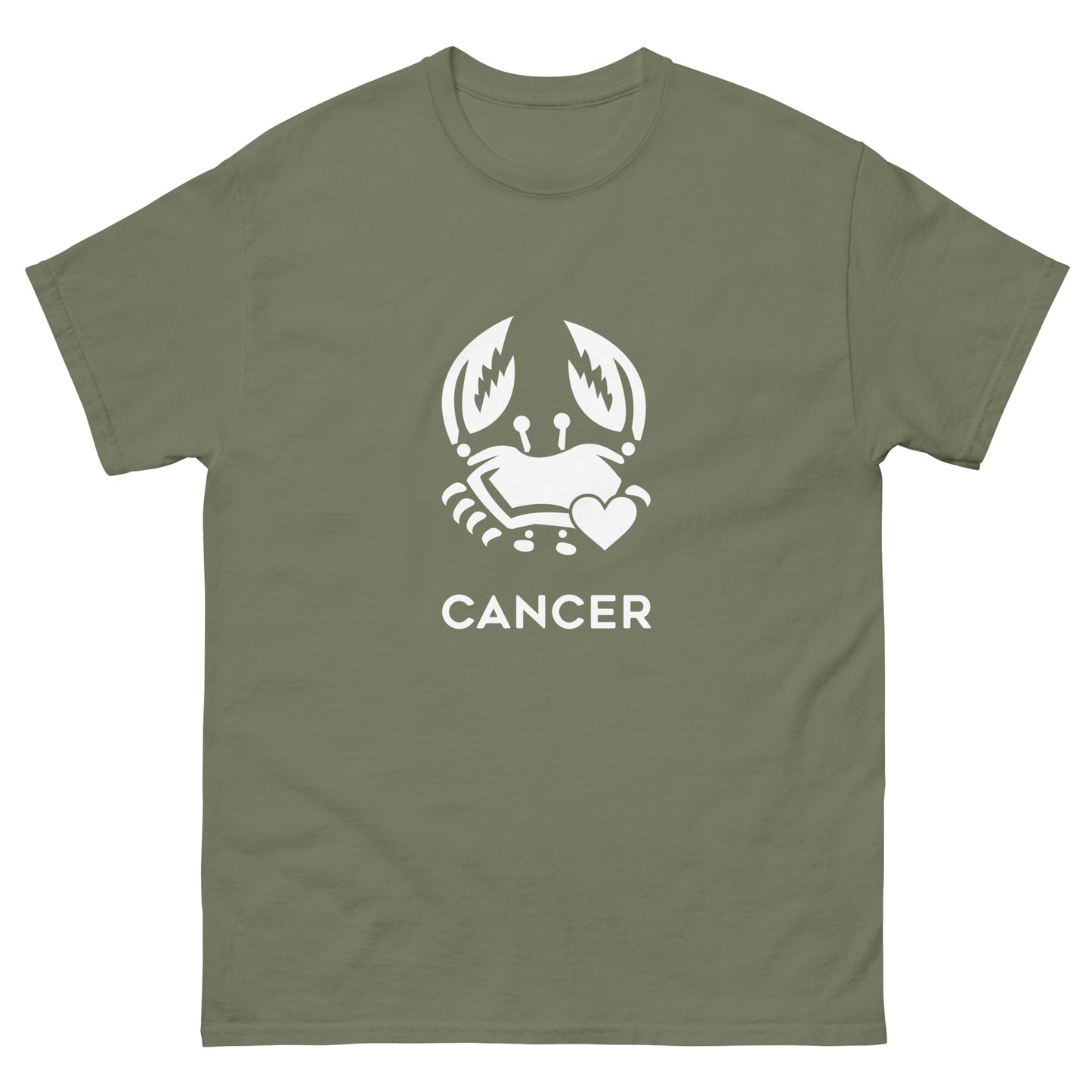 military green Cancer Zodiac Sign T-shirt from Yebber, featuring a minimalist crab symbol with a heart – statement clothing for astrology enthusiasts.