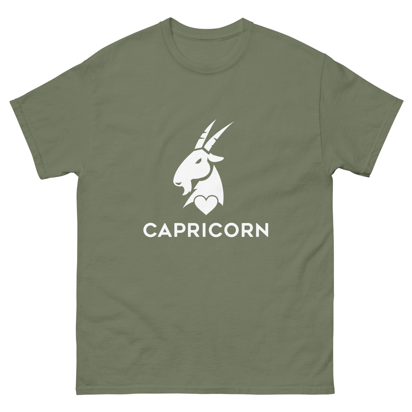 military green Capricorn Zodiac Sign T-shirt from Yebber, featuring a minimalist goat symbol with a heart – statement clothing for astrology enthusiasts.