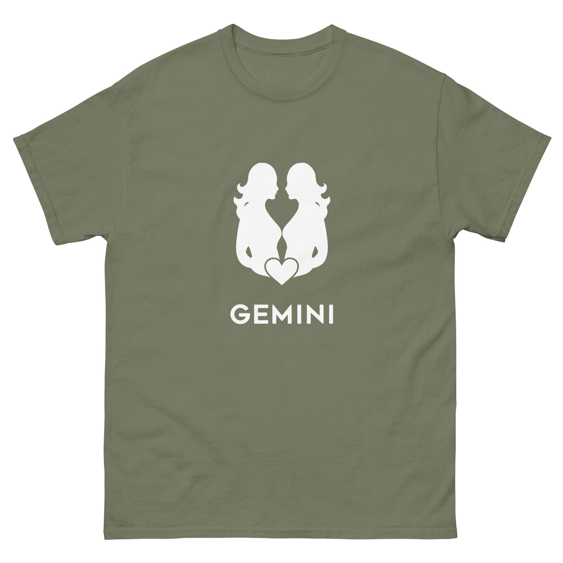 military green Gemini Zodiac Sign T-shirt from Yebber, featuring a minimalist twin symbol with a heart – statement clothing for astrology enthusiasts.