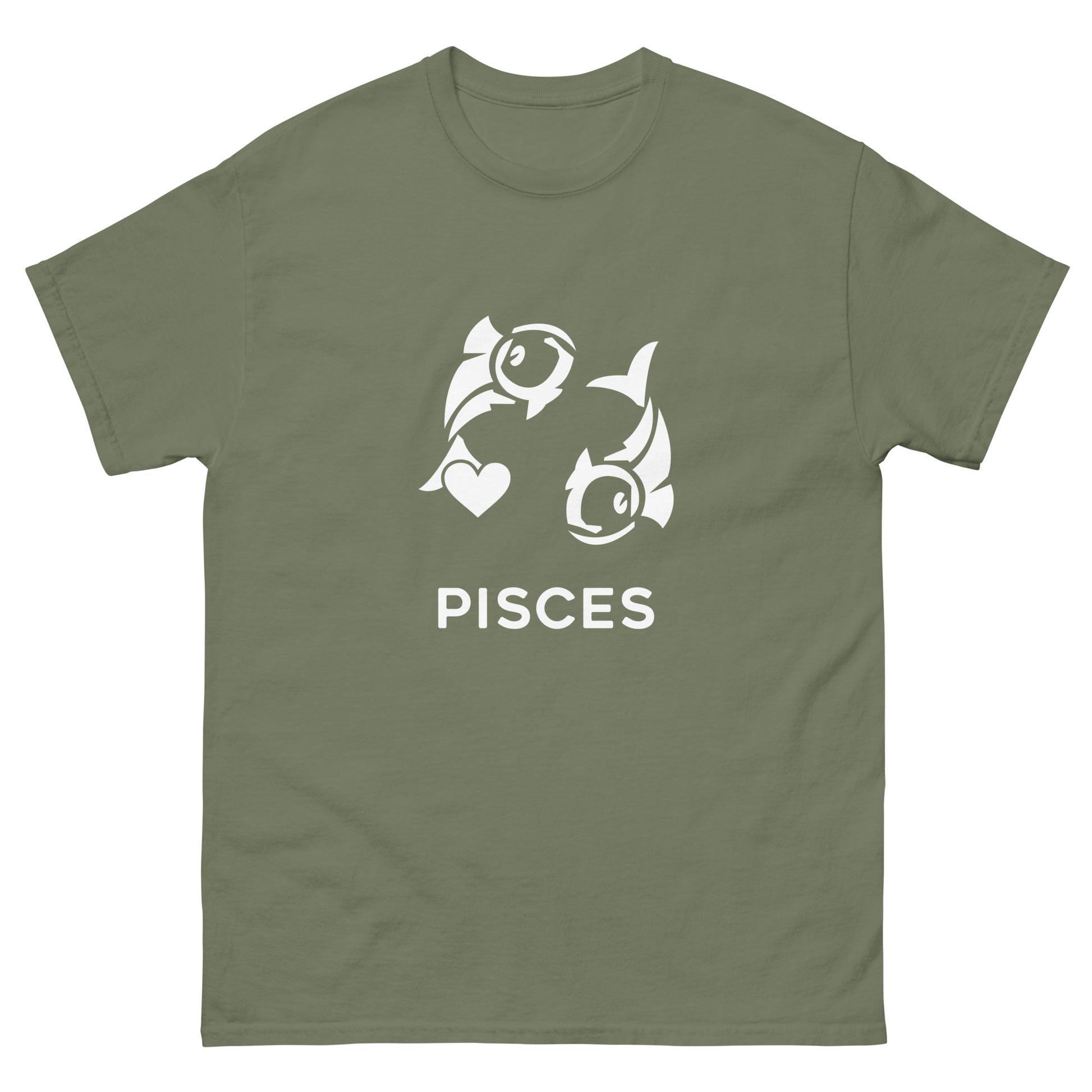 military green Pisces Zodiac Sign T-shirt from Yebber, featuring a minimalist fish symbol with a heart – statement clothing for astrology enthusiasts.