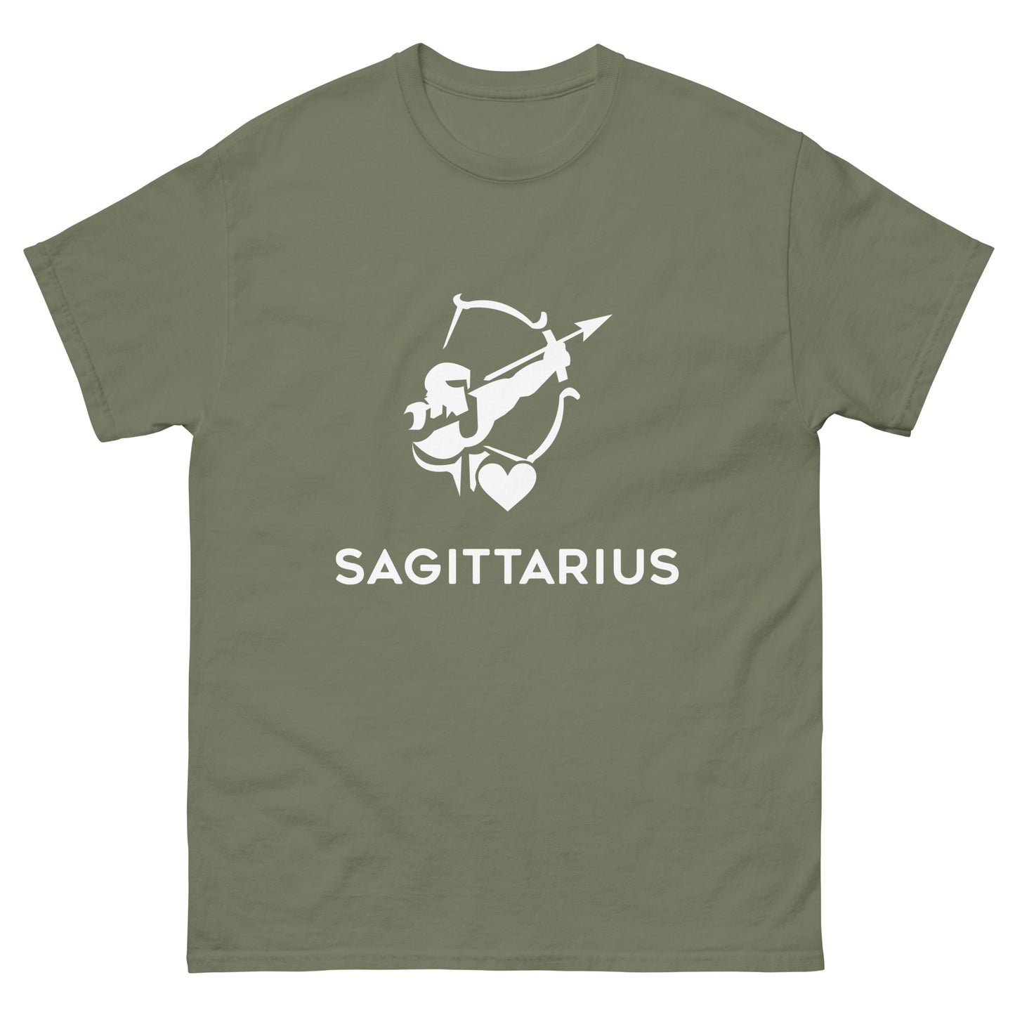 military green Sagittarius Zodiac Sign T-shirt from Yebber, featuring a minimalist archer symbol with a heart – statement clothing for astrology enthusiasts.