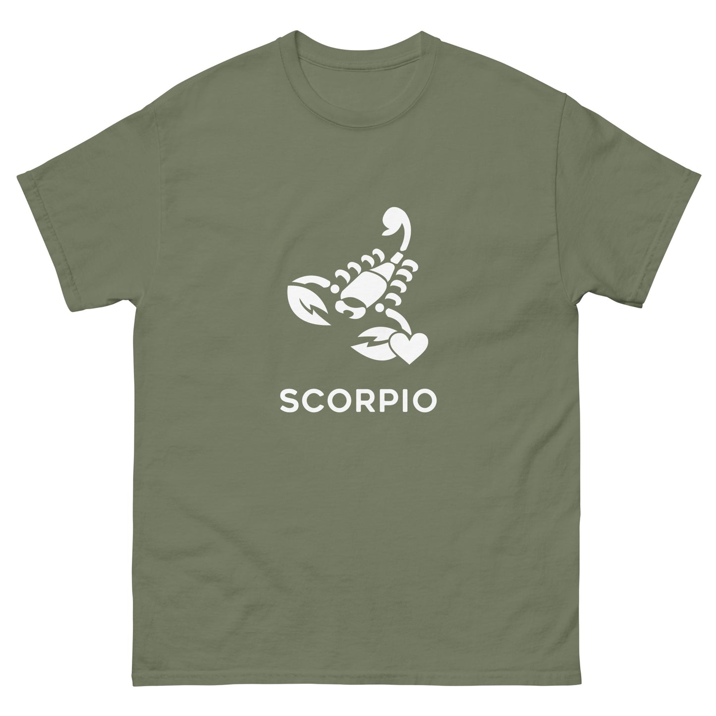 Military Green Scorpio Zodiac Sign T-shirt from Yebber, featuring a minimalist scorpion symbol with a heart – statement clothing for astrology enthusiasts.