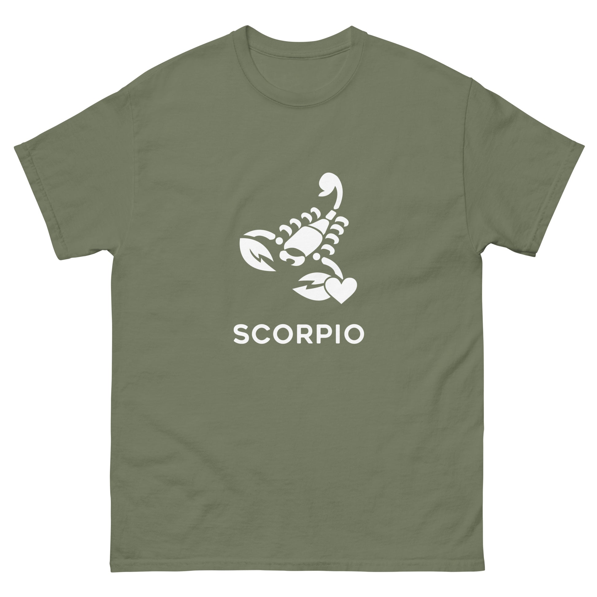 Military Green Scorpio Zodiac Sign T-shirt from Yebber, featuring a minimalist scorpion symbol with a heart – statement clothing for astrology enthusiasts.