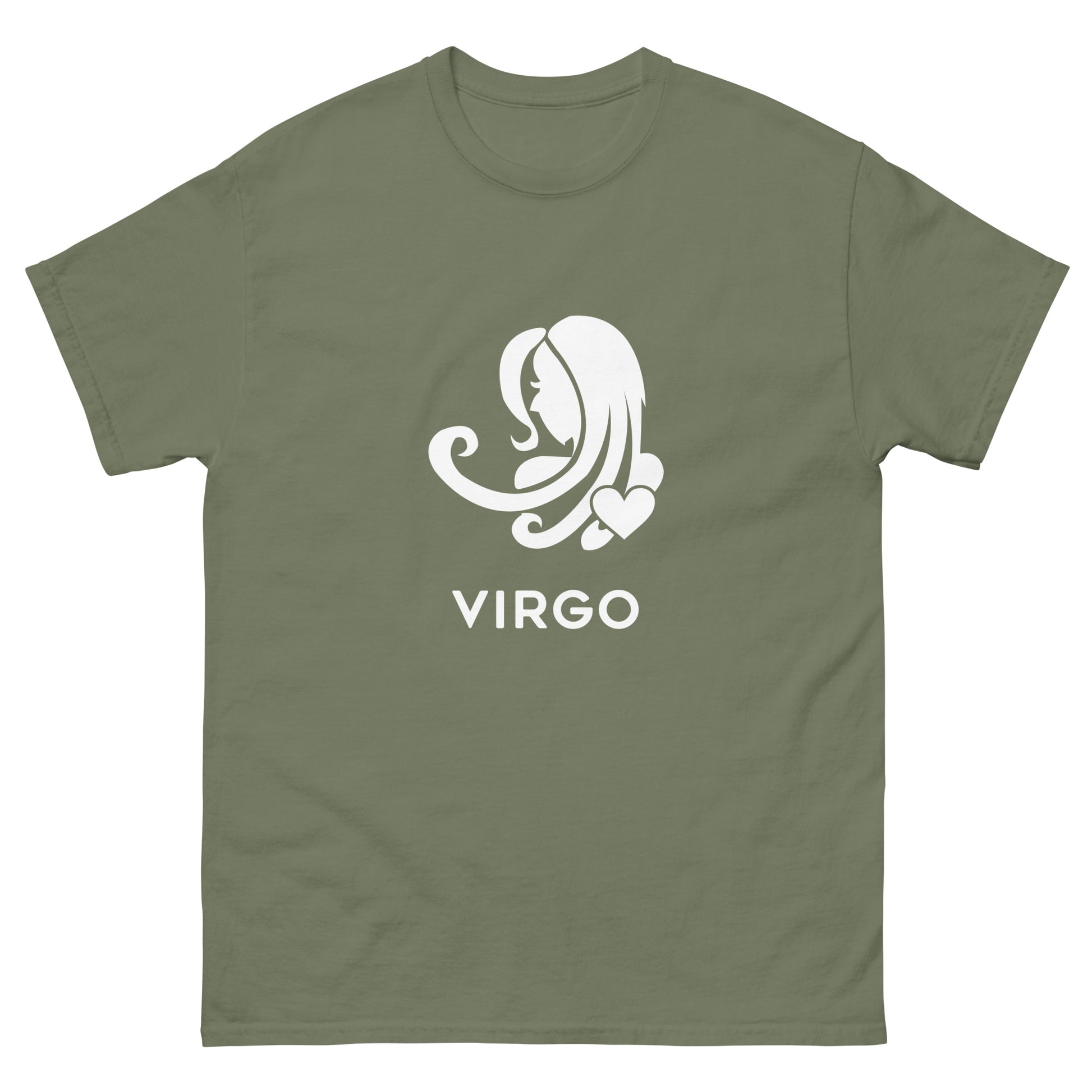 Military Green Virgo Zodiac Sign T-shirt from Yebber, featuring a minimalist Virgo symbol with a heart – statement clothing for astrology enthusiasts.