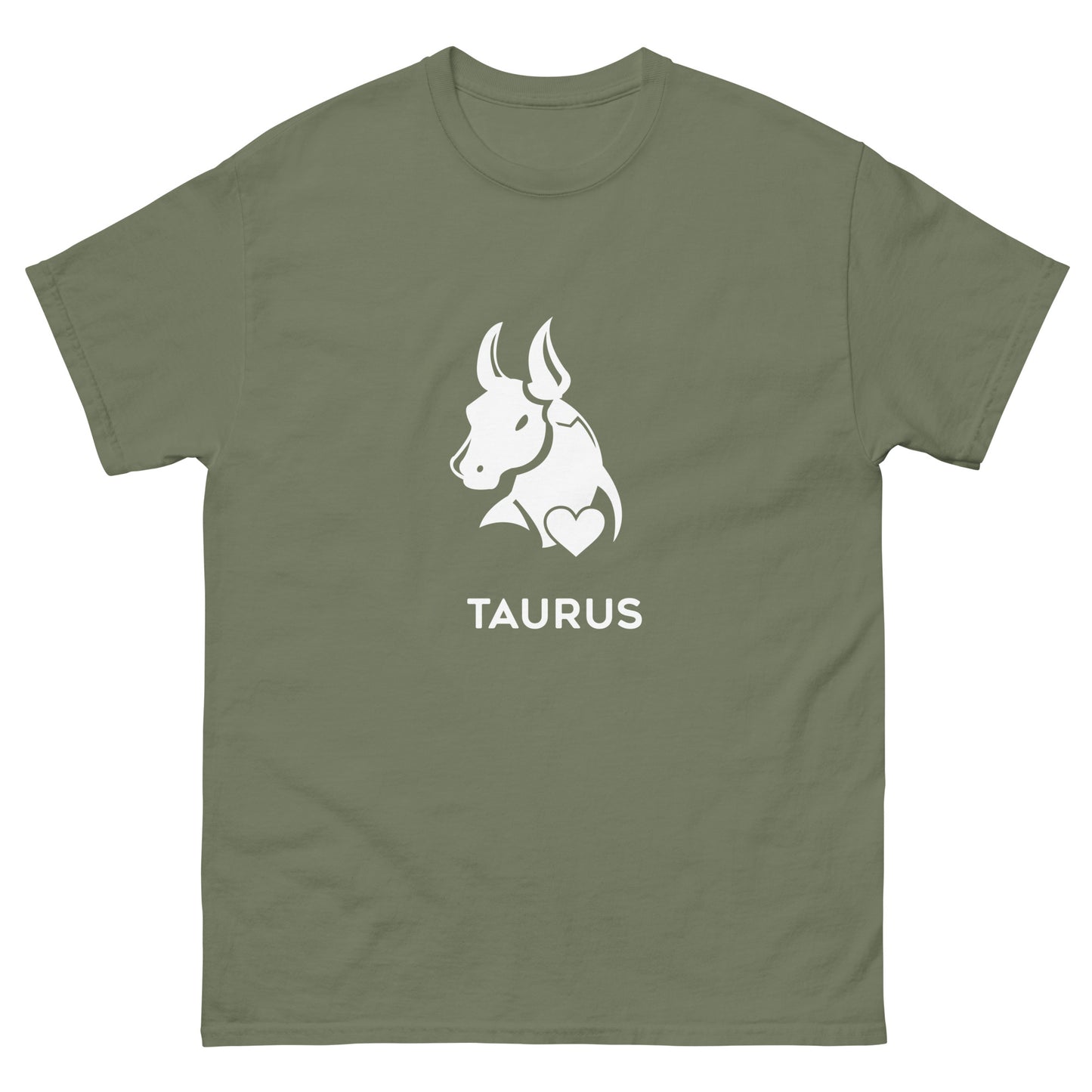 Military Green Taurus Zodiac Sign T-shirt from Yebber, featuring a minimalist bull symbol in a heart – statement clothing for astrology enthusiasts.