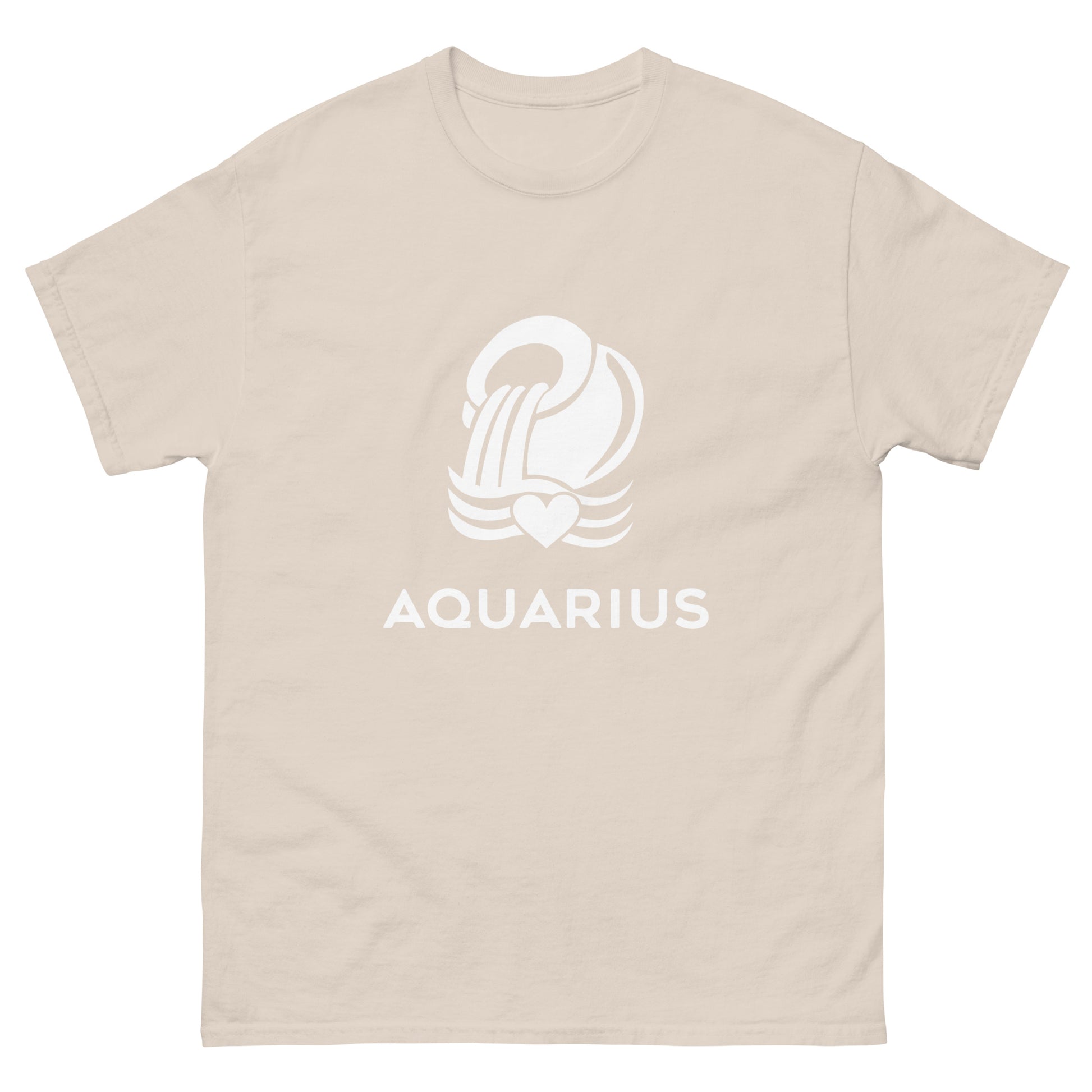 natural Aquarius Zodiac Sign T-shirt from Yebber, featuring a minimalist Aquarius glyph with a heart – perfect statement clothing for astrology lovers.