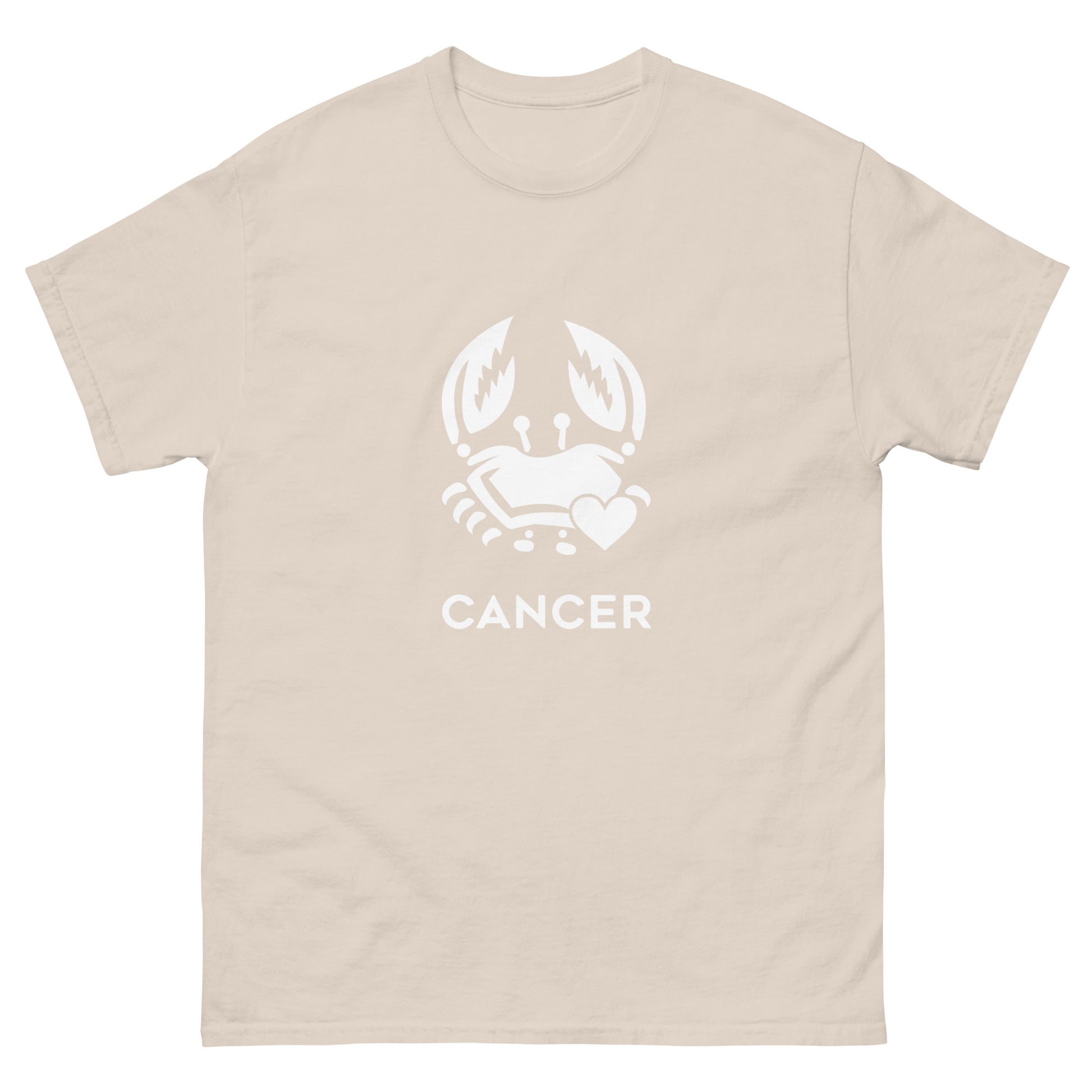 natural Cancer Zodiac Sign T-shirt from Yebber, featuring a minimalist crab symbol with a heart – statement clothing for astrology enthusiasts.