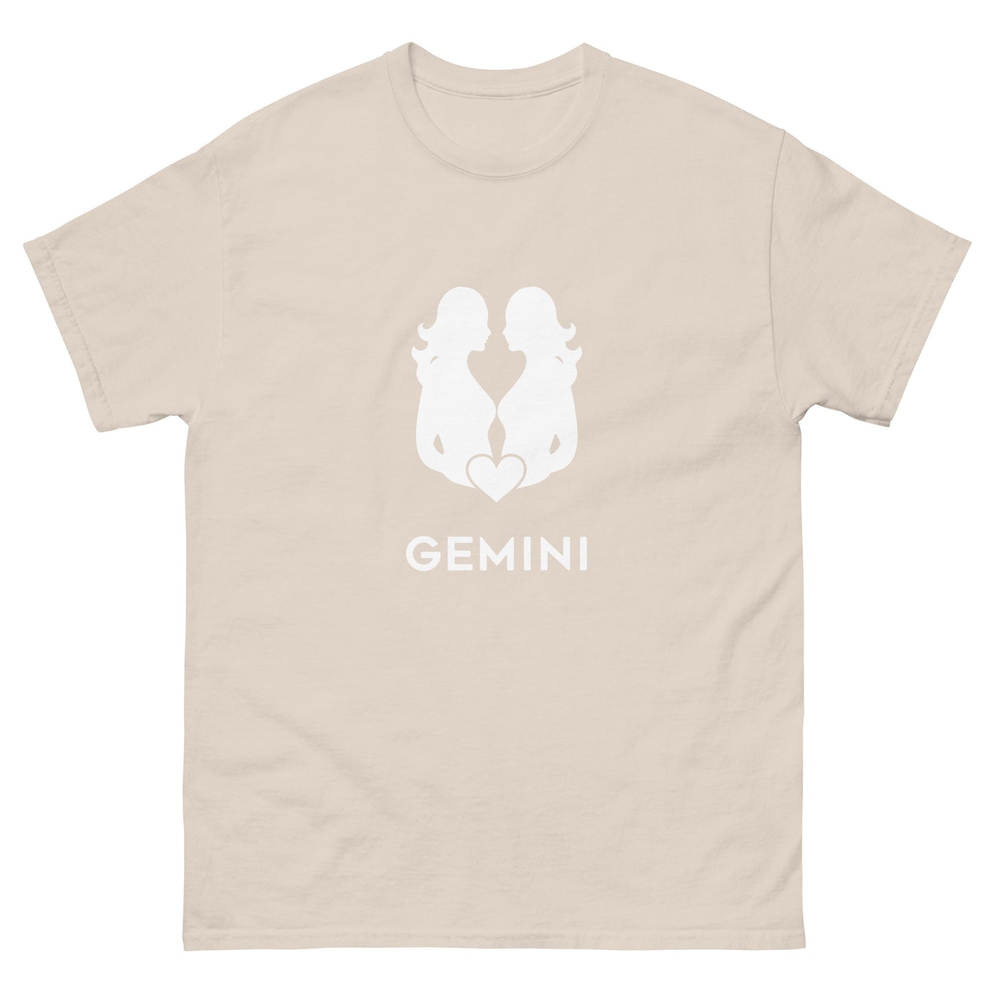 natural Gemini Zodiac Sign T-shirt from Yebber, featuring a minimalist twin symbol with a heart – statement clothing for astrology enthusiasts.