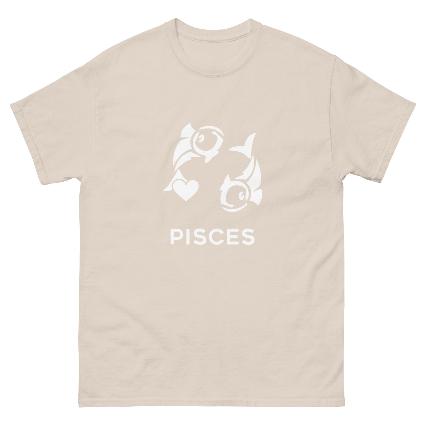 natural Pisces Zodiac Sign T-shirt from Yebber, featuring a minimalist fish symbol with a heart – statement clothing for astrology enthusiasts.