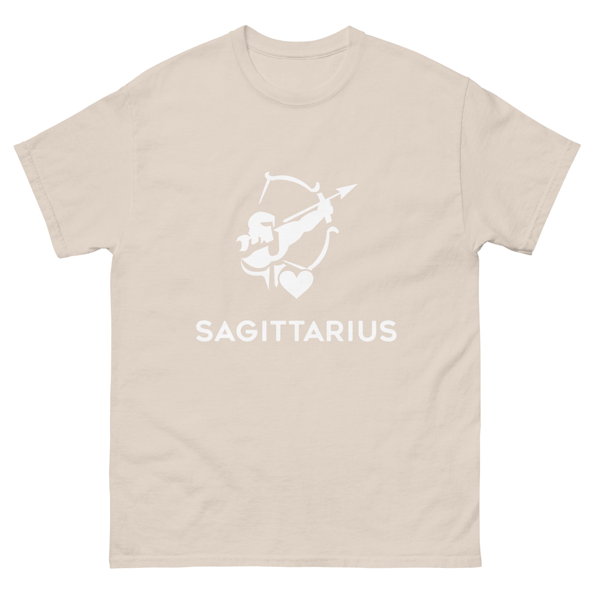 natural Sagittarius Zodiac Sign T-shirt from Yebber, featuring a minimalist archer symbol with a heart – statement clothing for astrology enthusiasts.