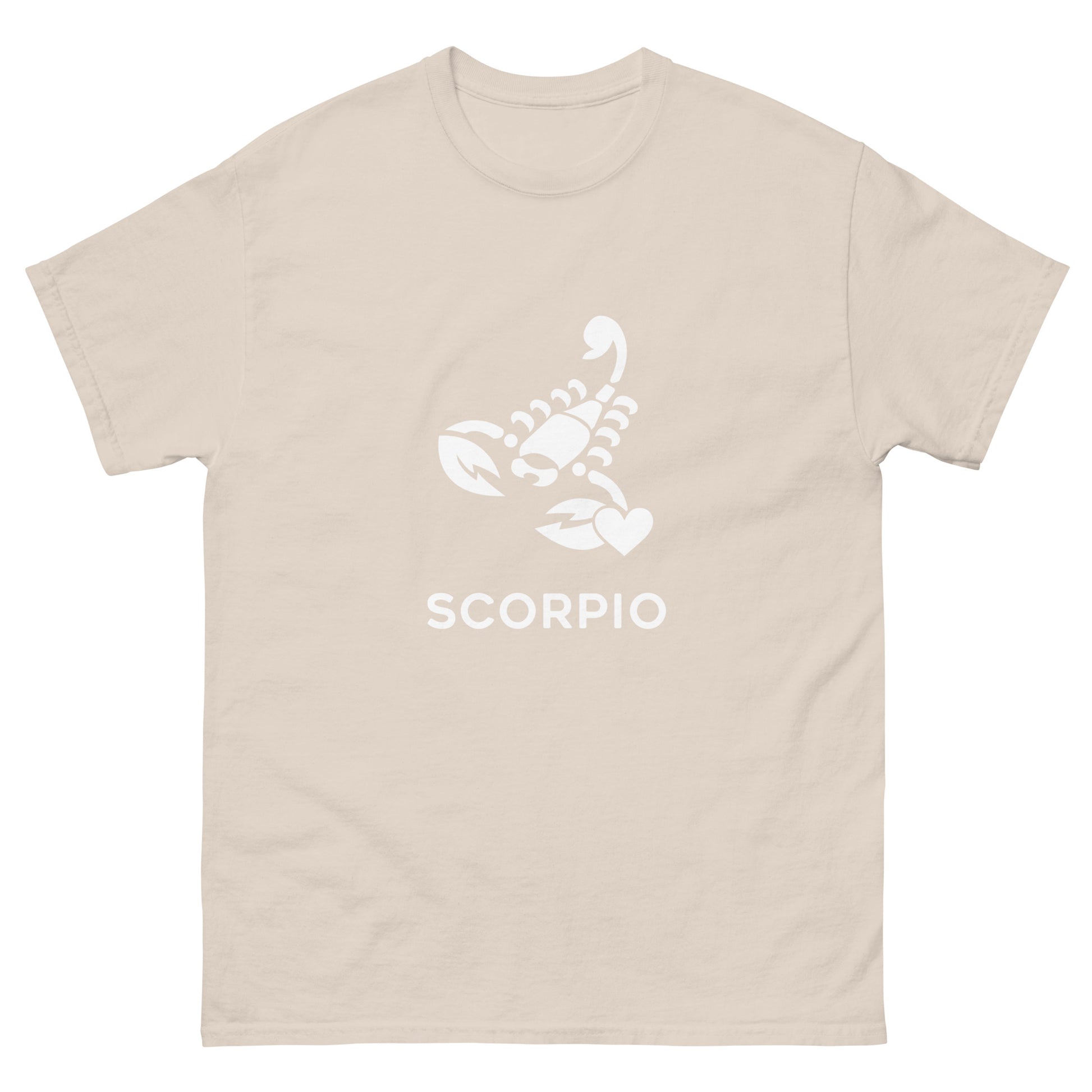 natural Scorpio Zodiac Sign T-shirt from Yebber, featuring a minimalist scorpion symbol with a heart – statement clothing for astrology enthusiasts.