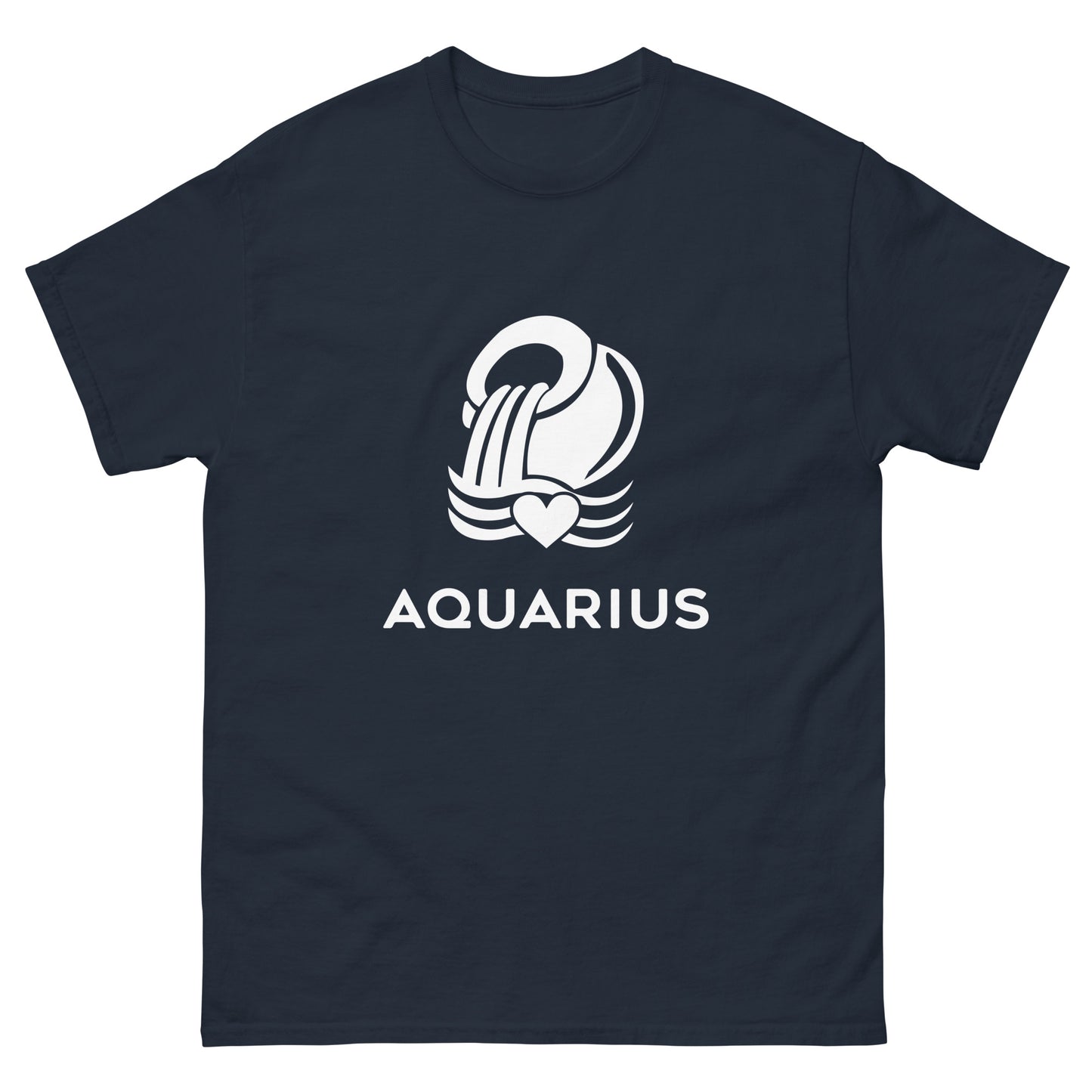 navy Aquarius Zodiac Sign T-shirt from Yebber, featuring a minimalist Aquarius glyph with a heart – perfect statement clothing for astrology lovers.