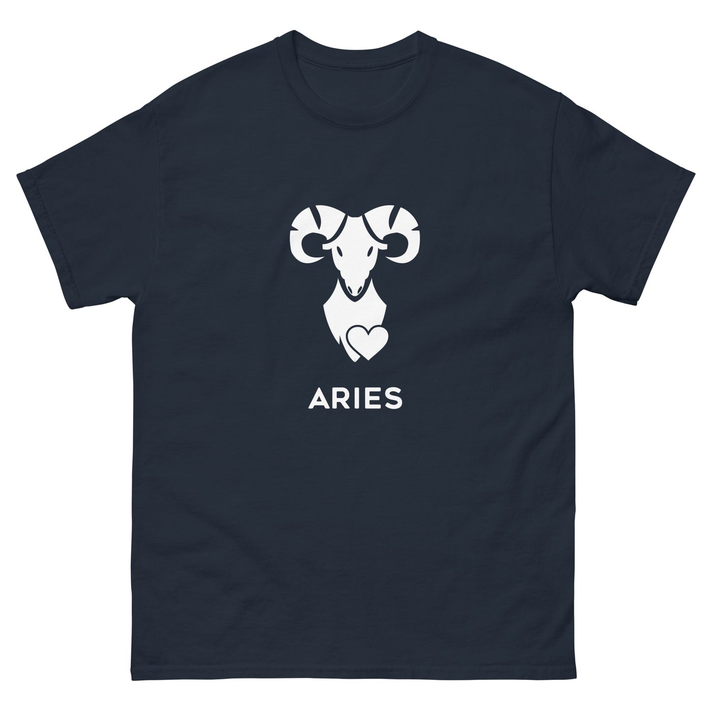 navy Aries Zodiac Sign T-shirt from Yebber, featuring a minimalist ram symbol with a heart – statement clothing for astrology enthusiasts.