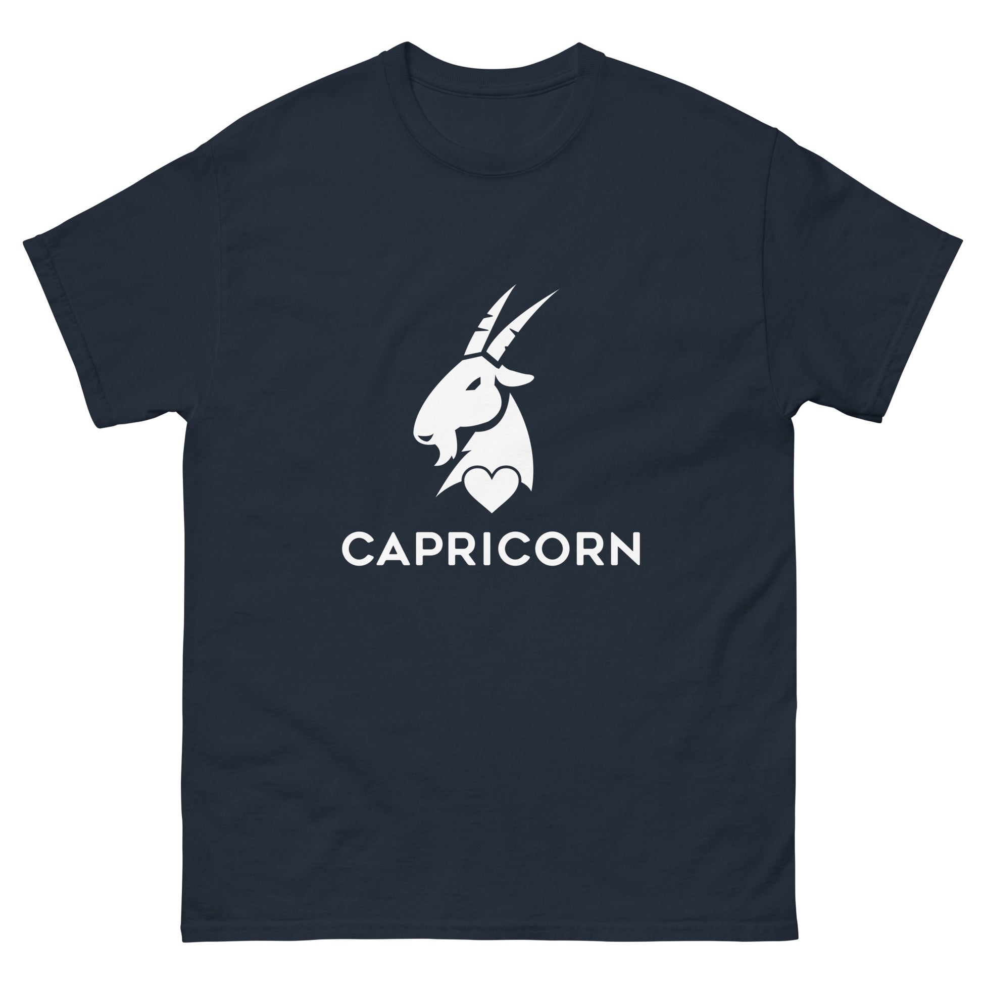 navy Capricorn Zodiac Sign T-shirt from Yebber, featuring a minimalist goat symbol with a heart – statement clothing for astrology enthusiasts.