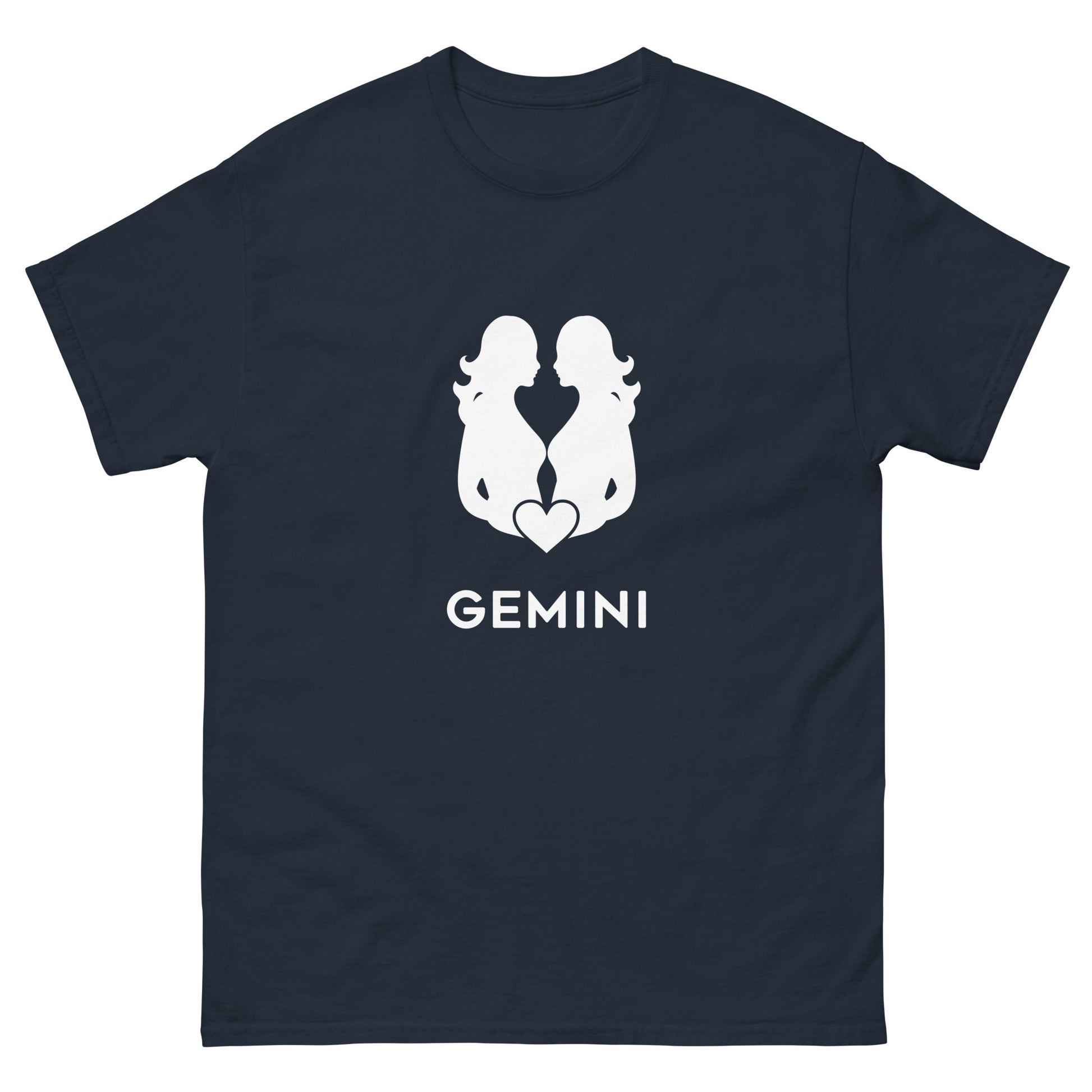 navy Gemini Zodiac Sign T-shirt from Yebber, featuring a minimalist twin symbol with a heart – statement clothing for astrology enthusiasts.