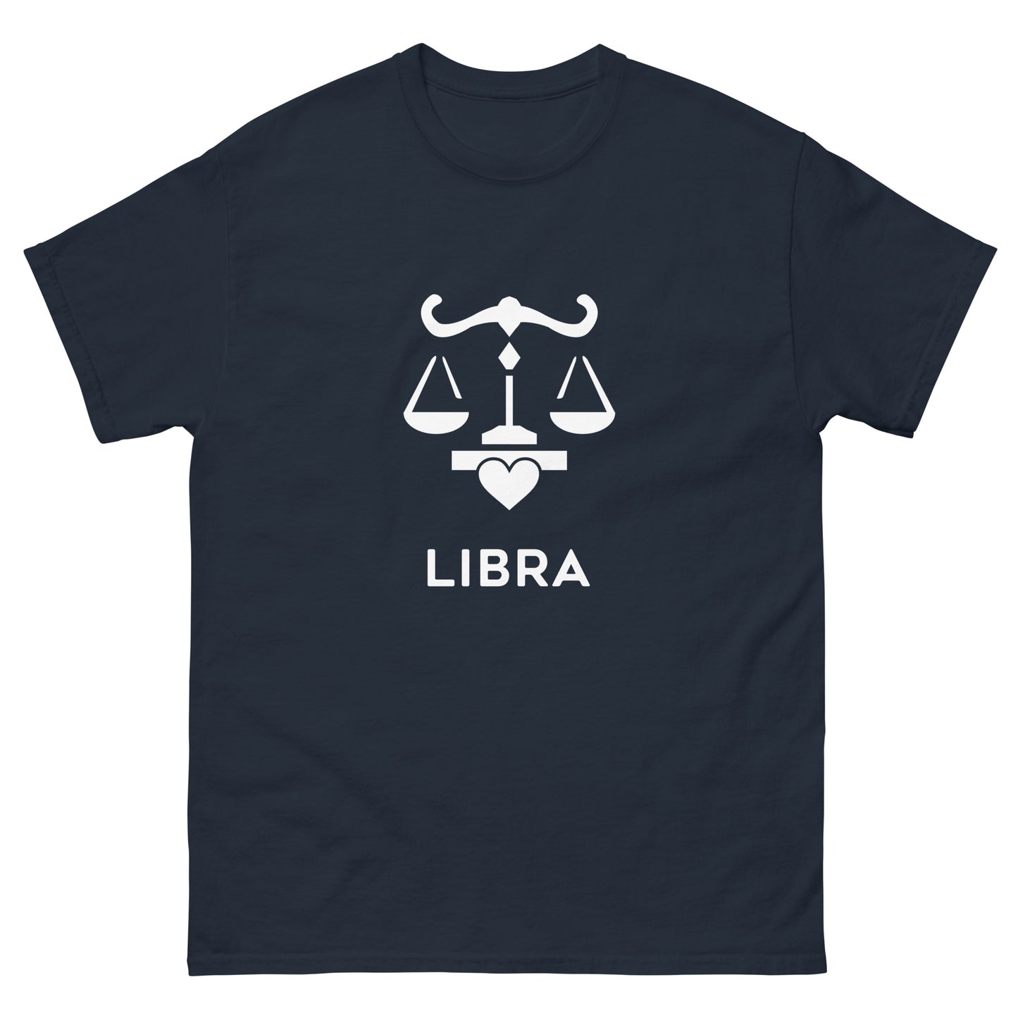 navy Libra Zodiac Sign T-shirt from Yebber, featuring a minimalist scales symbol with a heart – statement clothing for astrology enthusiasts.