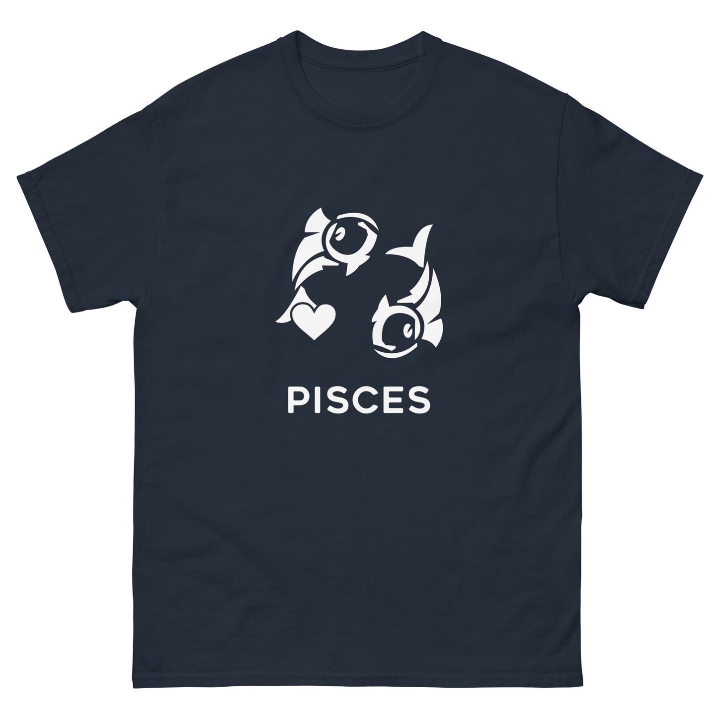 navy Pisces Zodiac Sign T-shirt from Yebber, featuring a minimalist fish symbol with a heart – statement clothing for astrology enthusiasts.